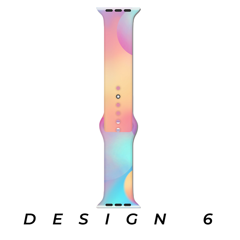Colorful pastel gradient Apple Watch band with pink, purple, blue and yellow ombre design, compatible with Design 6