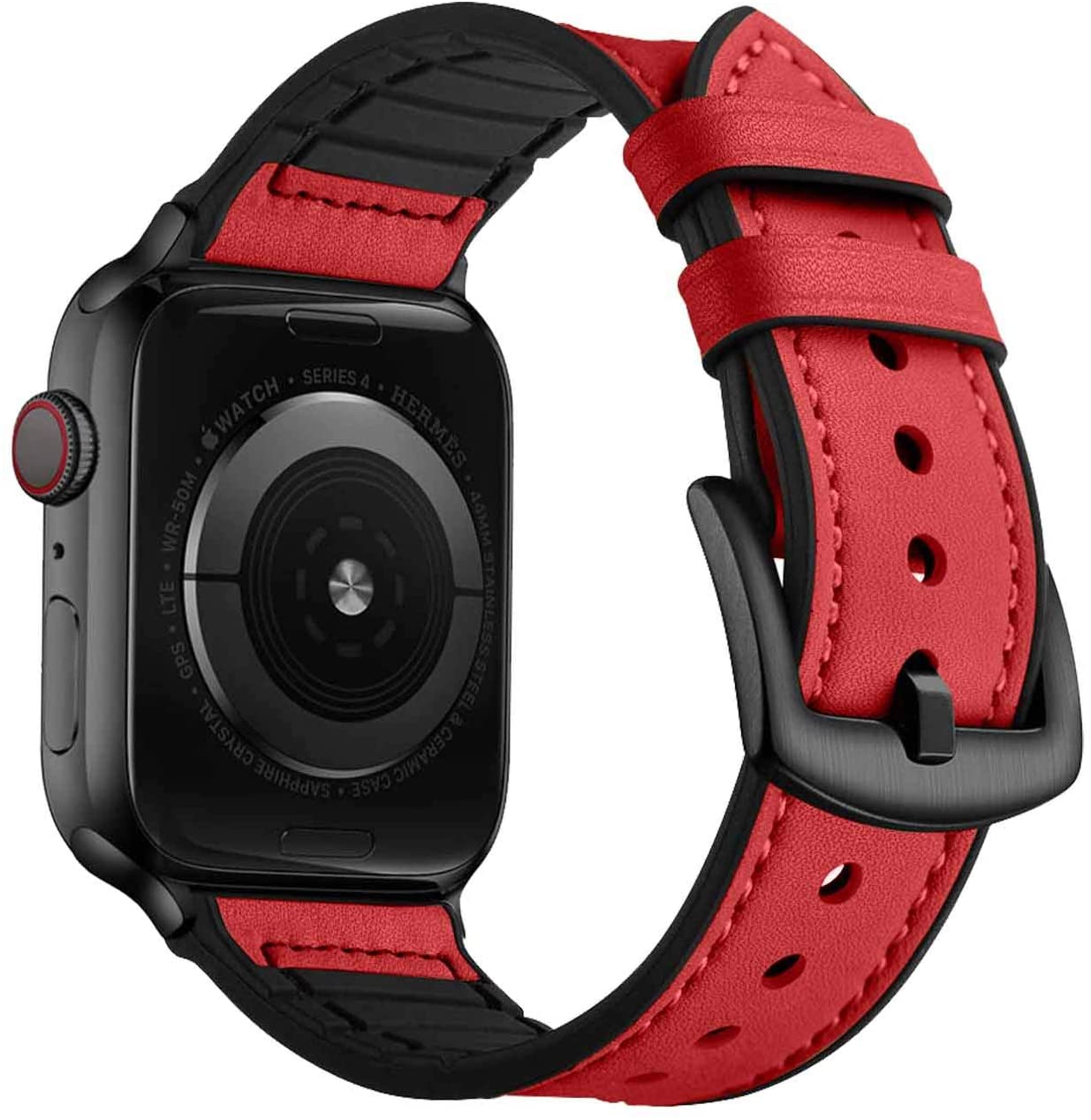 Black Series 4 smartwatch with red leather hybrid silicone band and black buckle clasp