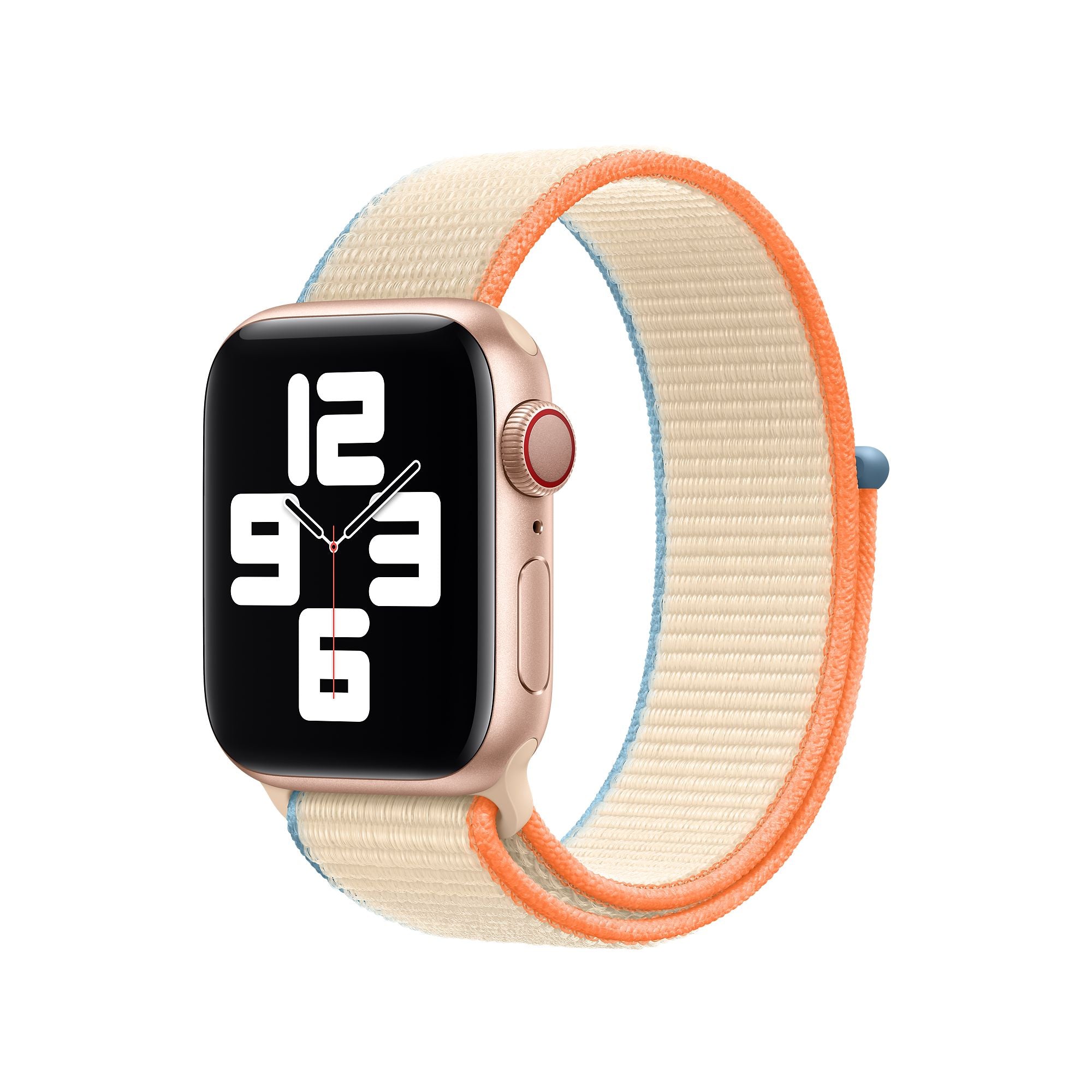 Rose gold smartwatch with cream and orange nylon sport loop band, digital display showing time