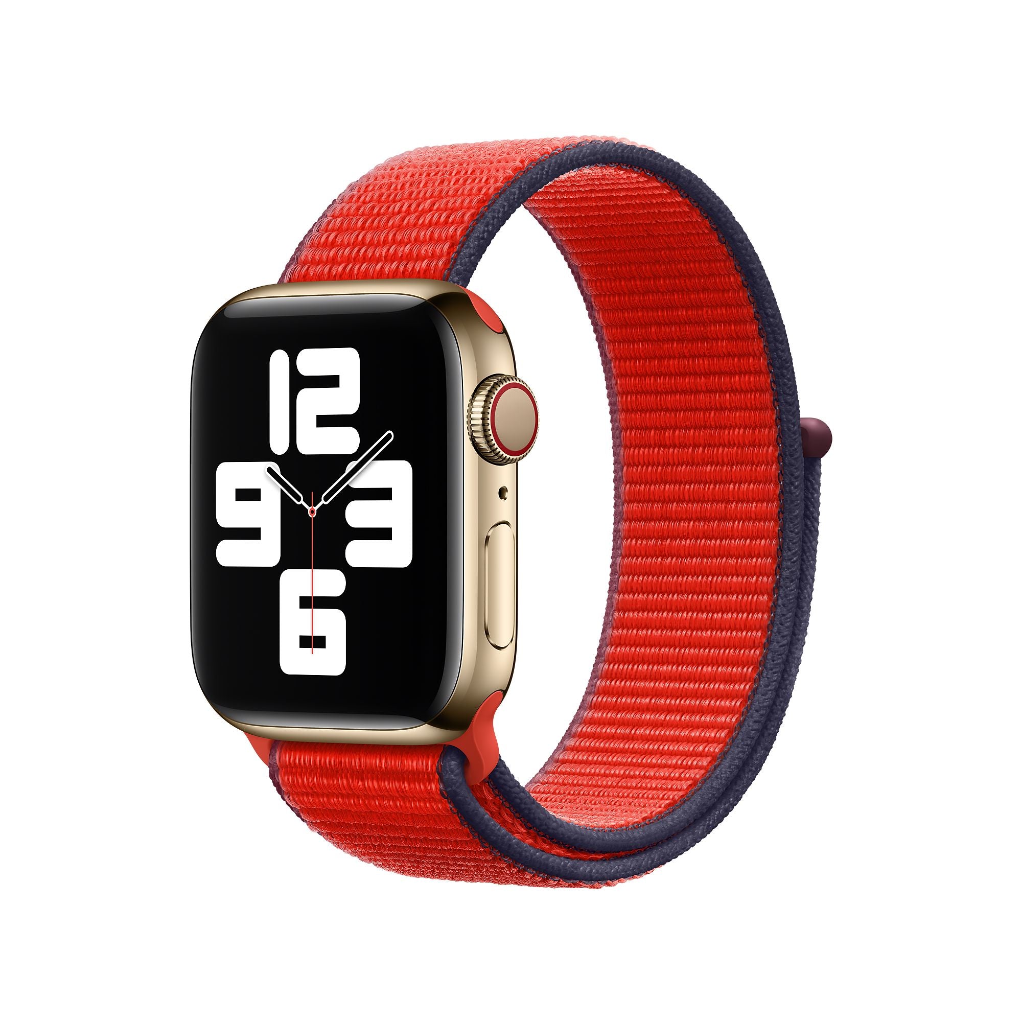 Gold smartwatch with red and navy reversible sport loop band displaying time on black face