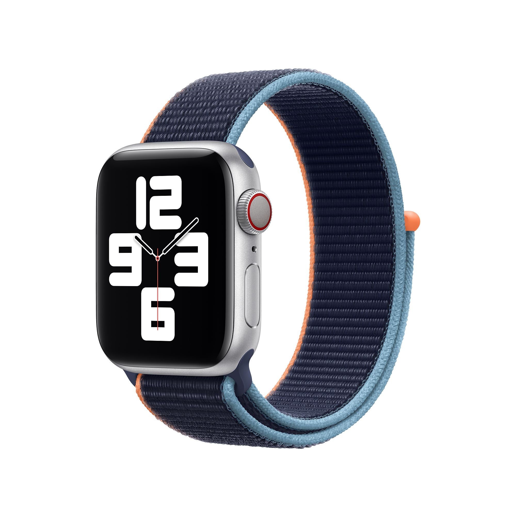 Silver smartwatch with digital time display and navy blue sport loop band with light blue and orange accents