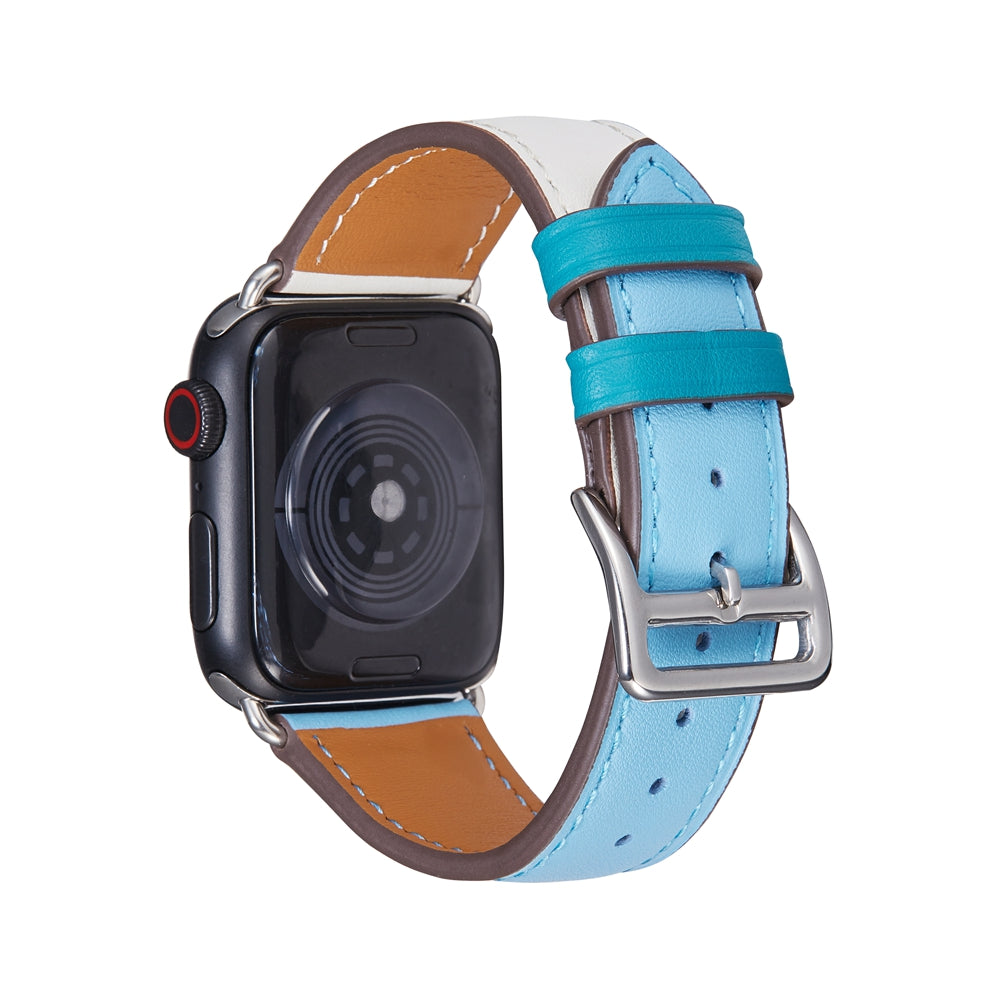 Apple Watch Series leather Single Tour band in sky blue and white with tan interior and silver buckle