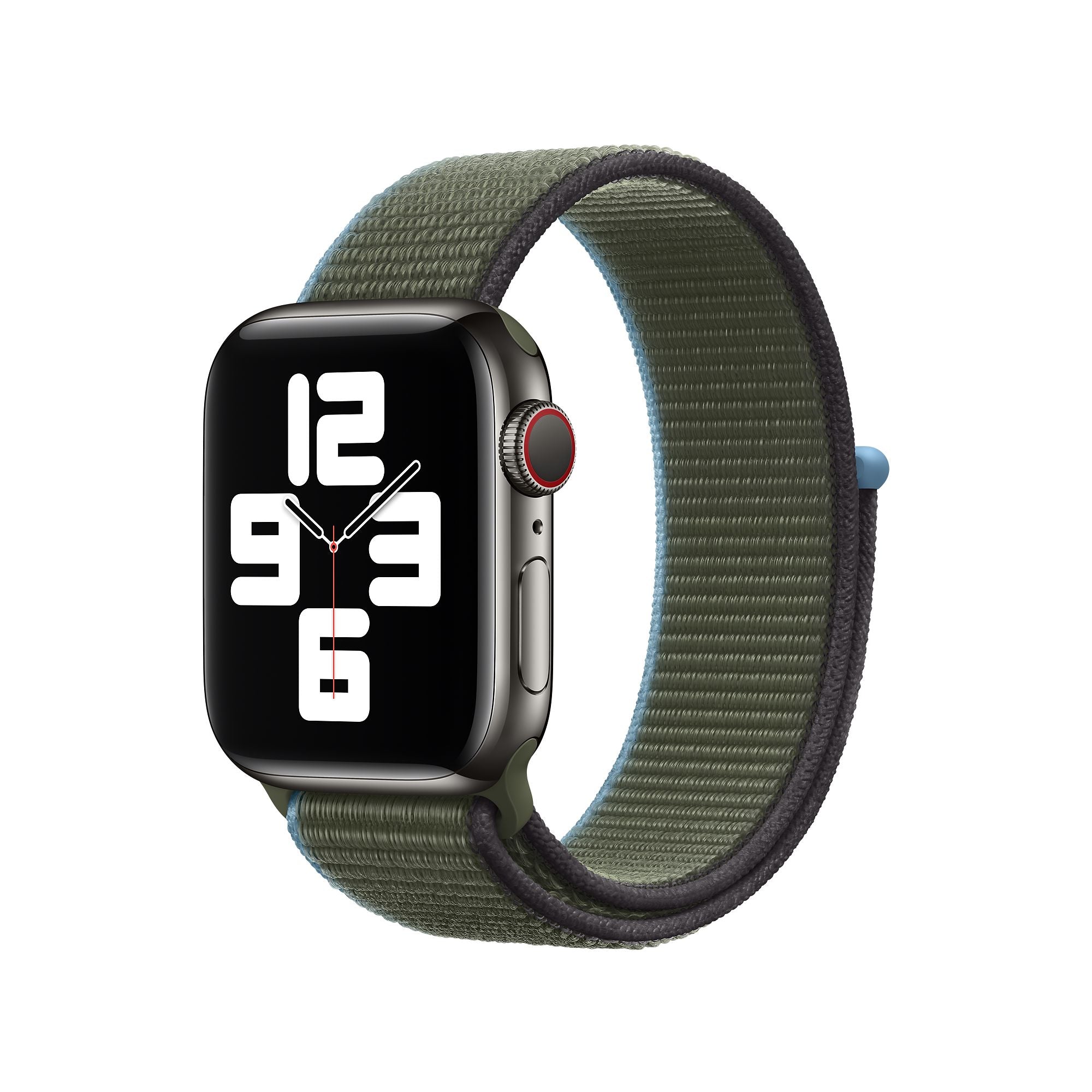 Smartwatch with black digital display showing time, featuring olive green and charcoal sports loop band with velcro closure and red digital crown