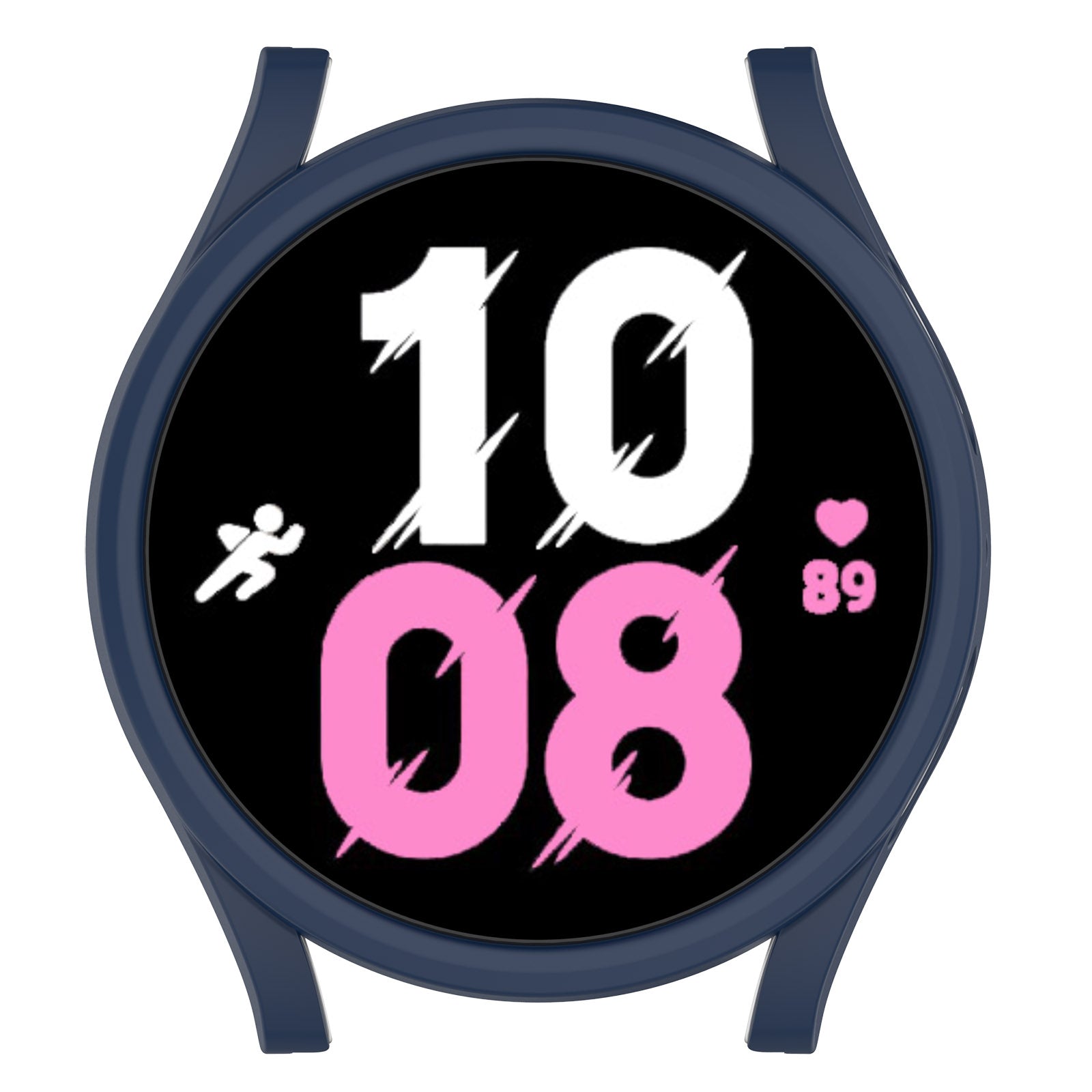 Navy protective case for Samsung Galaxy Watch 4 and 5 with black dial display showing fitness tracker numbers