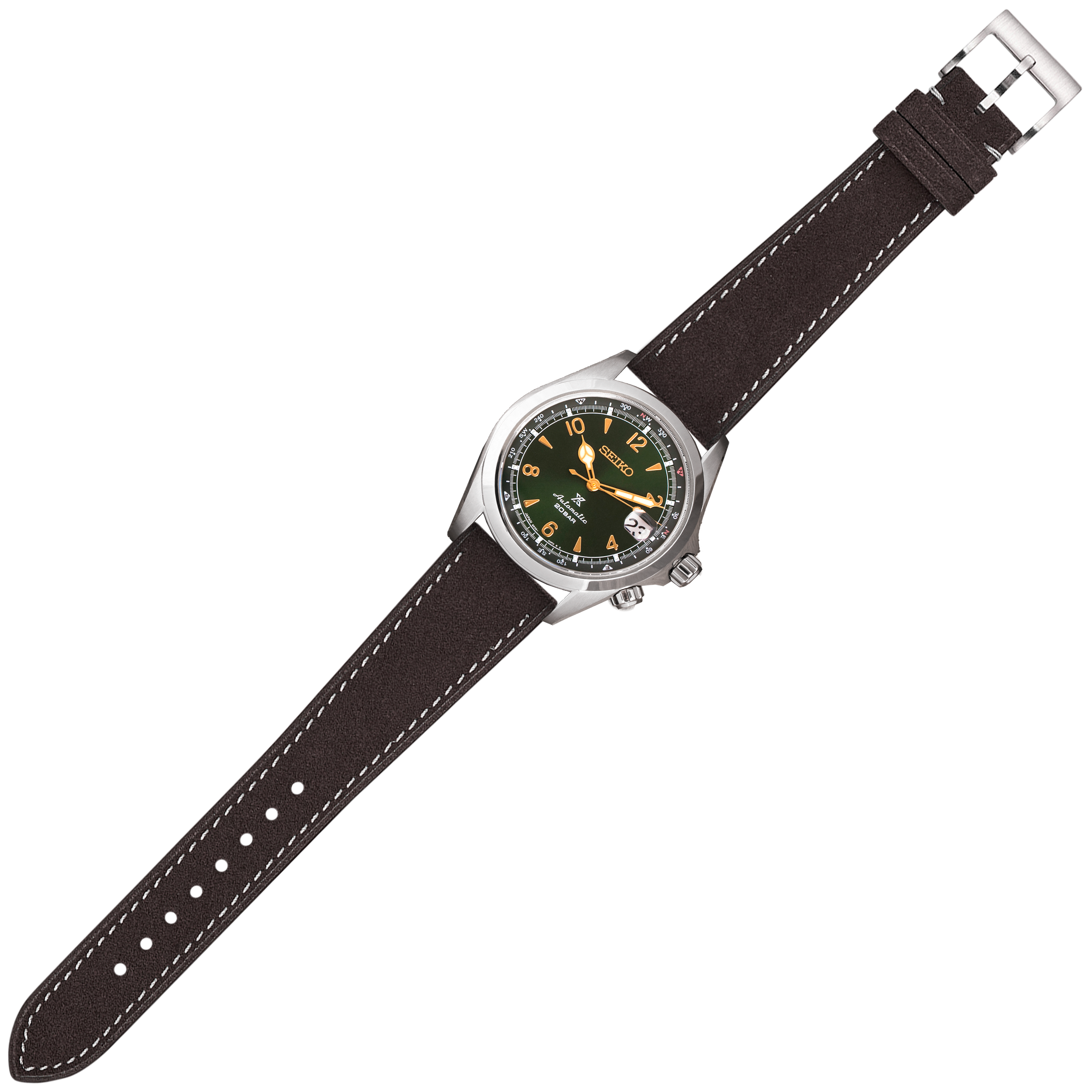 Seiko watch with dark green dial and orange accents on black Alcantara leather strap with white stitching and quick release buckle