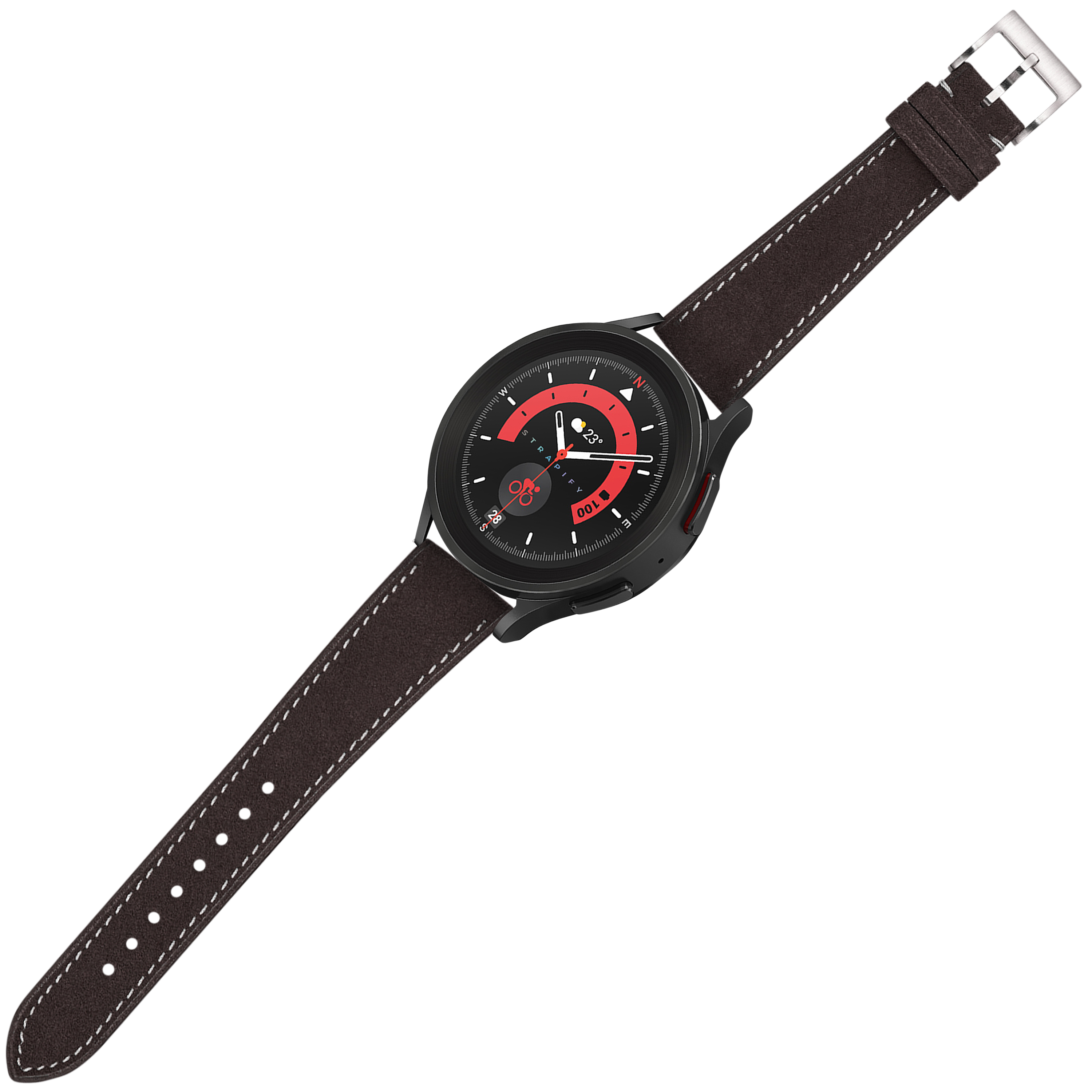 Black dial smartwatch with red accents, dark brown Alcantara leather strap, white stitching, silver buckle