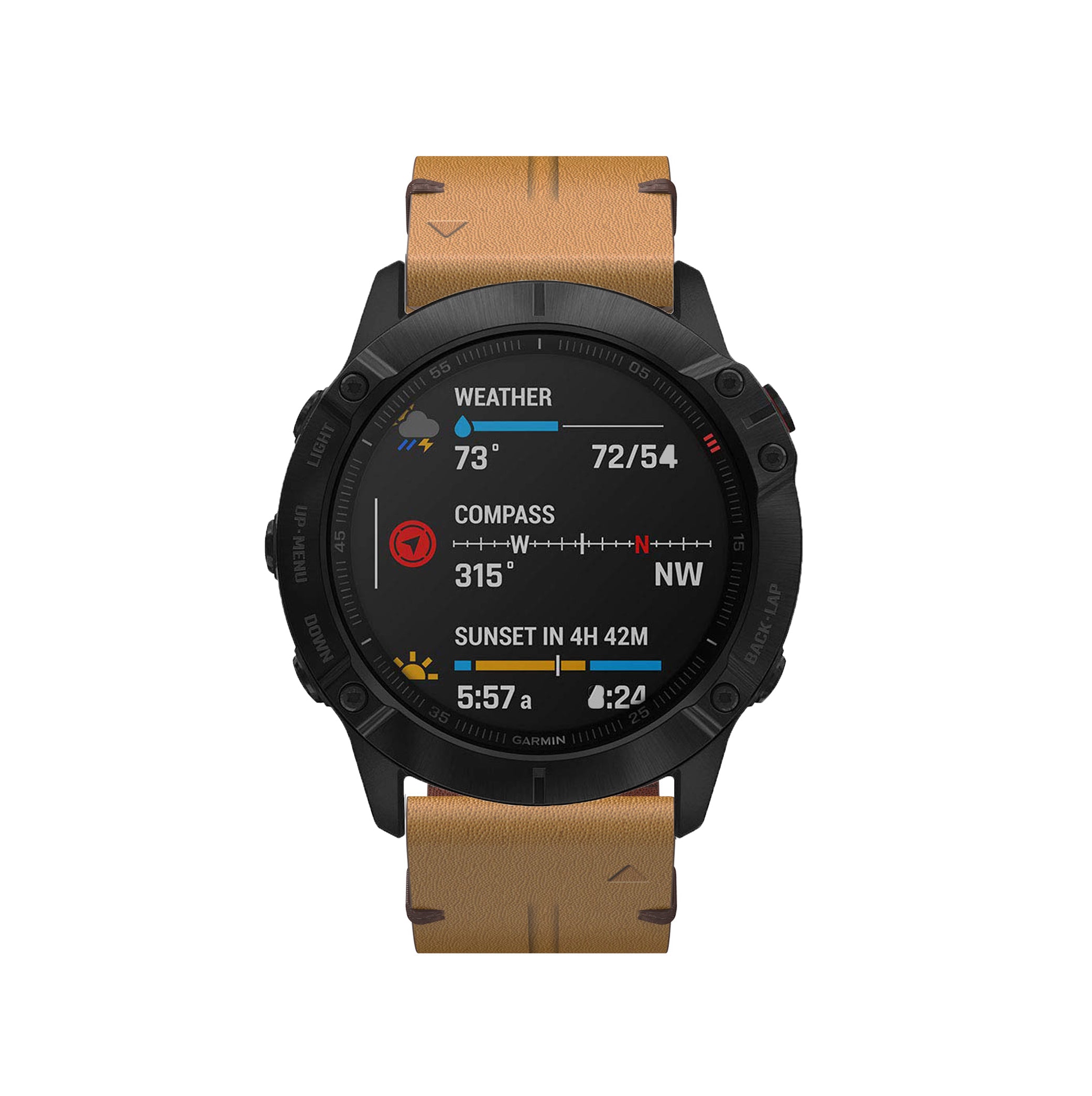 Garmin smartwatch with black case, tan leather band displaying weather, compass, and sunset data on screen