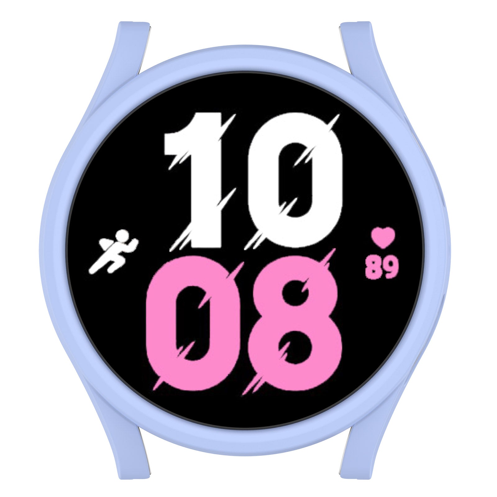Periwinkle protective watch case with numeric watch face display and pink accents for Galaxy Watch 4 and 5