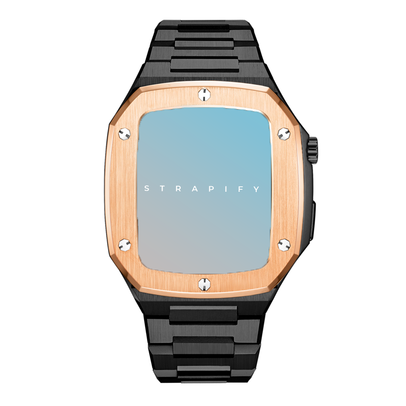 Rose gold bezel stainless steel Apple Watch with black metal bracelet and blue display screen