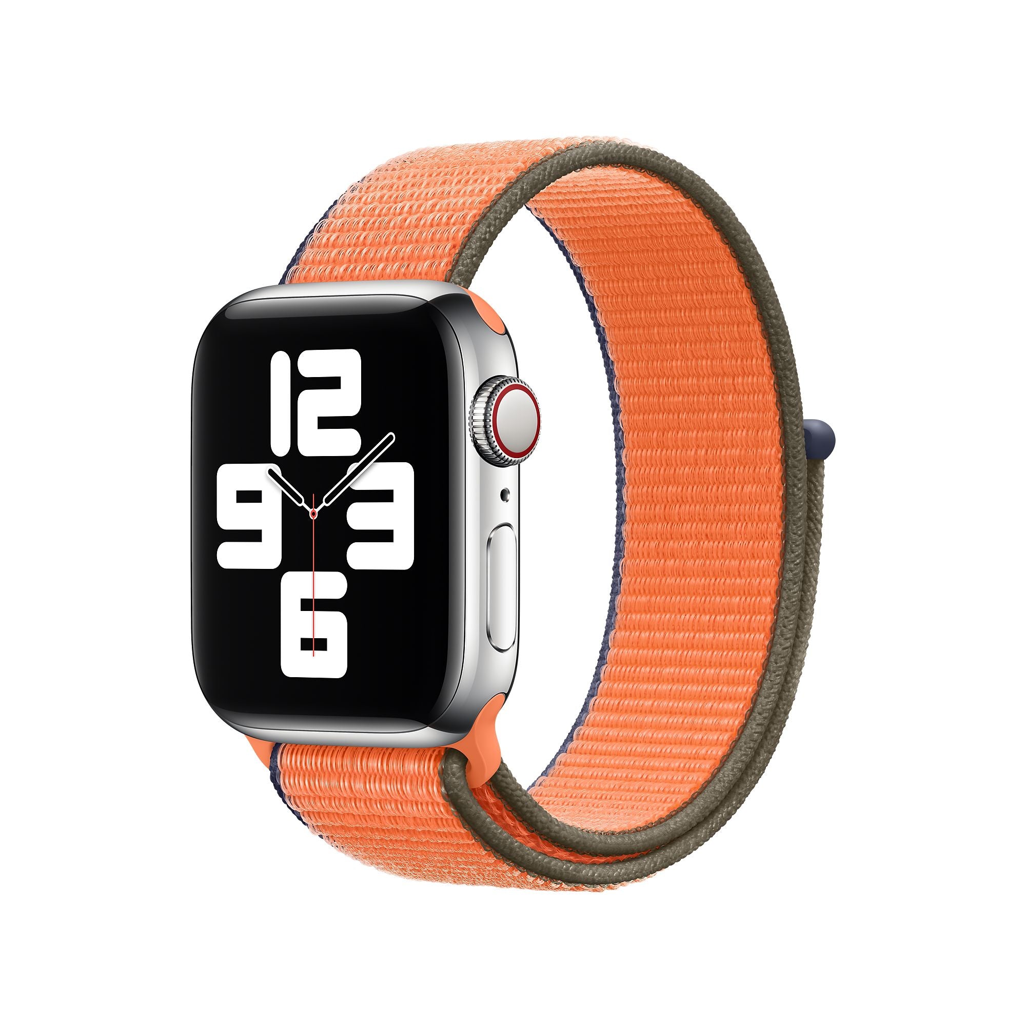 Orange and olive reversible sports loop velcro watch band with silver aluminum smartwatch case and digital display
