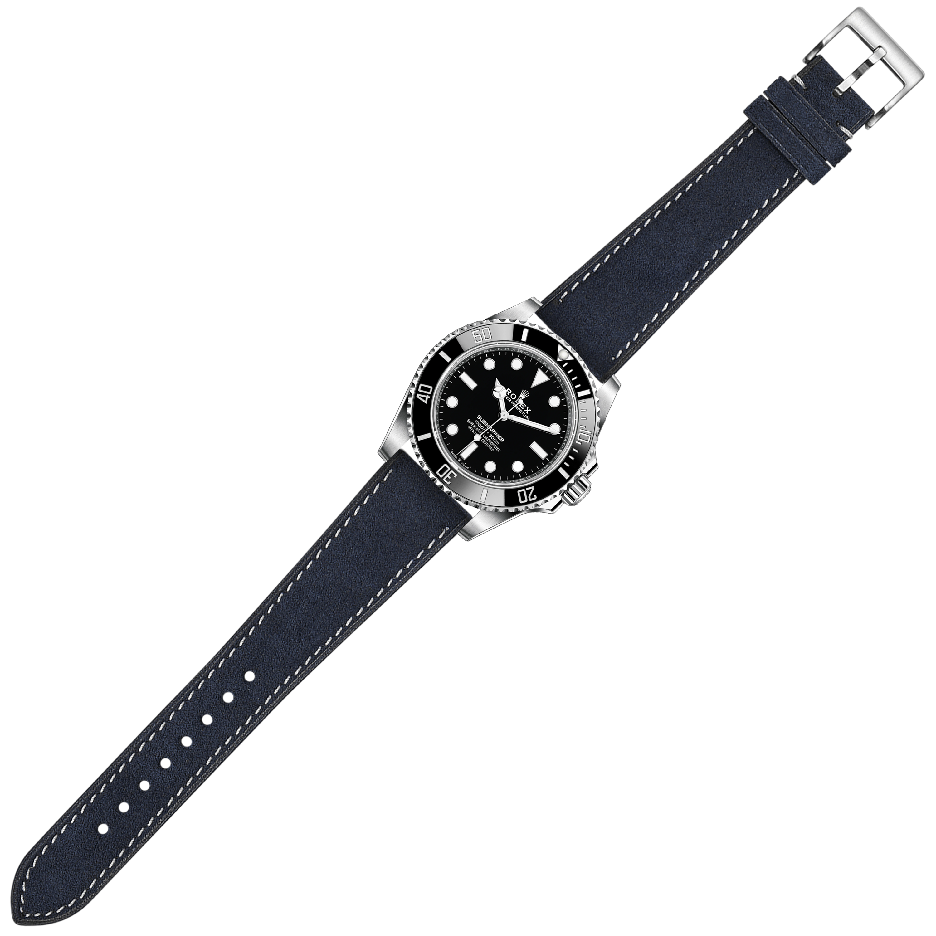 Navy blue Alcantara leather watch strap with white stitching and quick release buckle on stainless steel dive watch