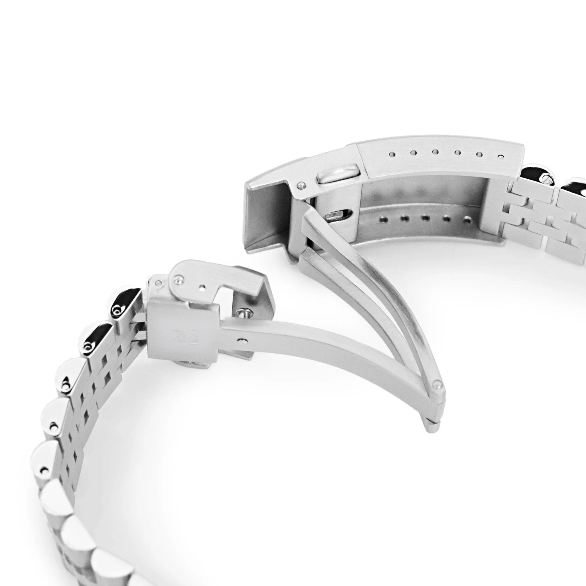 Stainless steel Super-JUB II bracelet with curved end links and secure clasp for Seiko Alpinist SARB017 and Hamilton Khaki Field 20mm watches