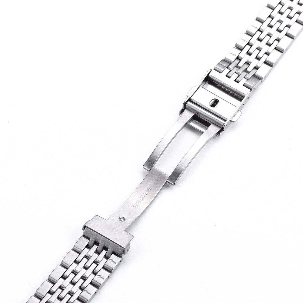 Stainless steel beads of rice quick release watch bracelet with secure clasp mechanism on white background
