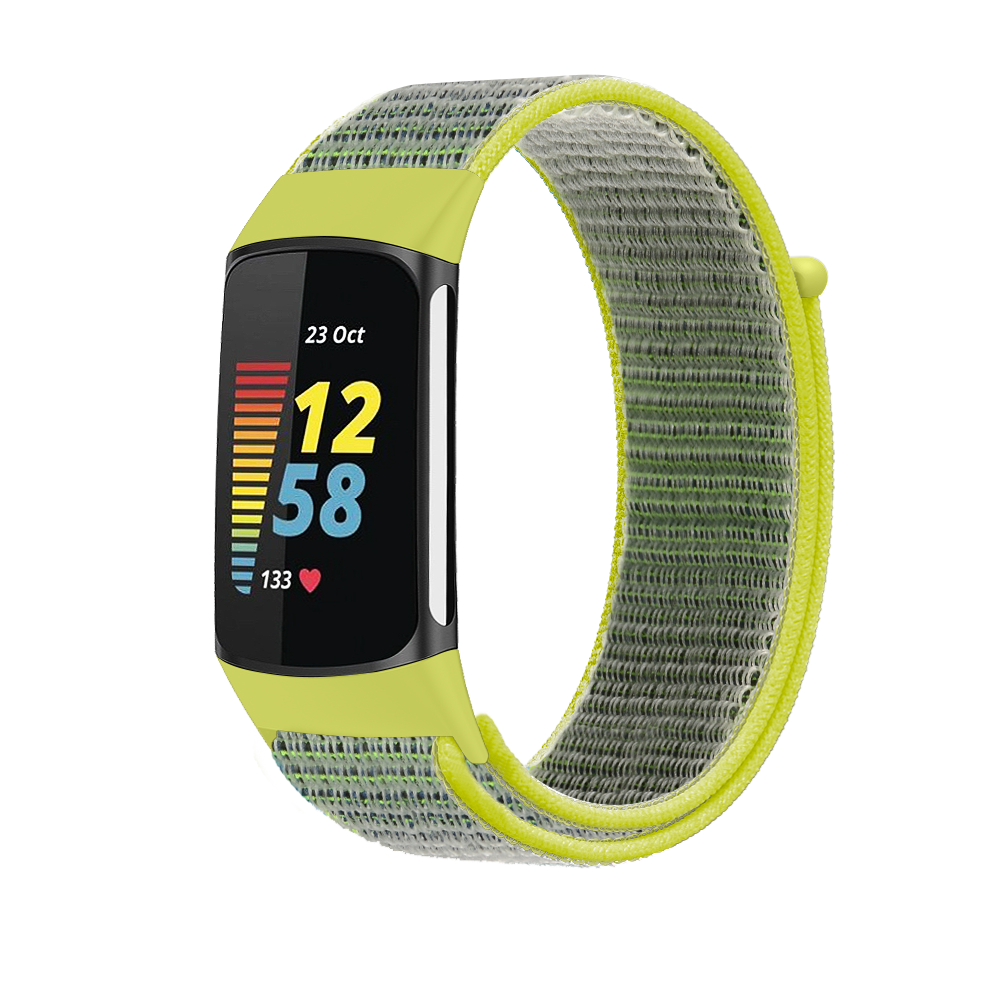 Neon yellow and gray woven sports loop band for Fitbit Charge 5 and 6 fitness tracker with velcro closure