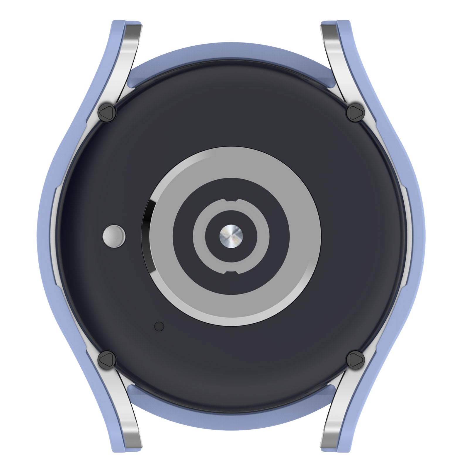 Blue protective case with silver accents for Galaxy Watch 4 and 5, featuring concentric circle design on black dial face