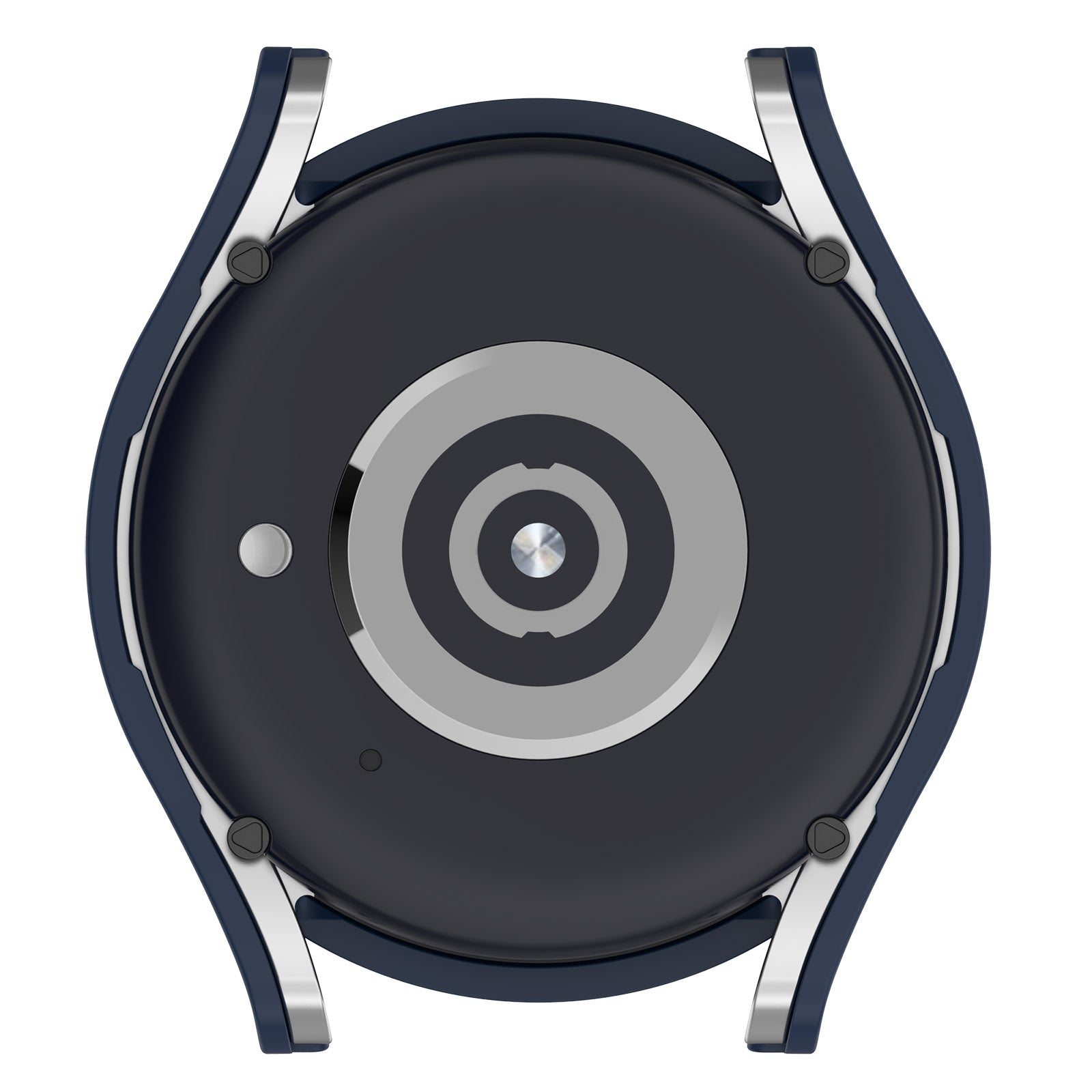 Navy blue protective case for Galaxy Watch 4 and 5 with silver metal accents and circular design elements