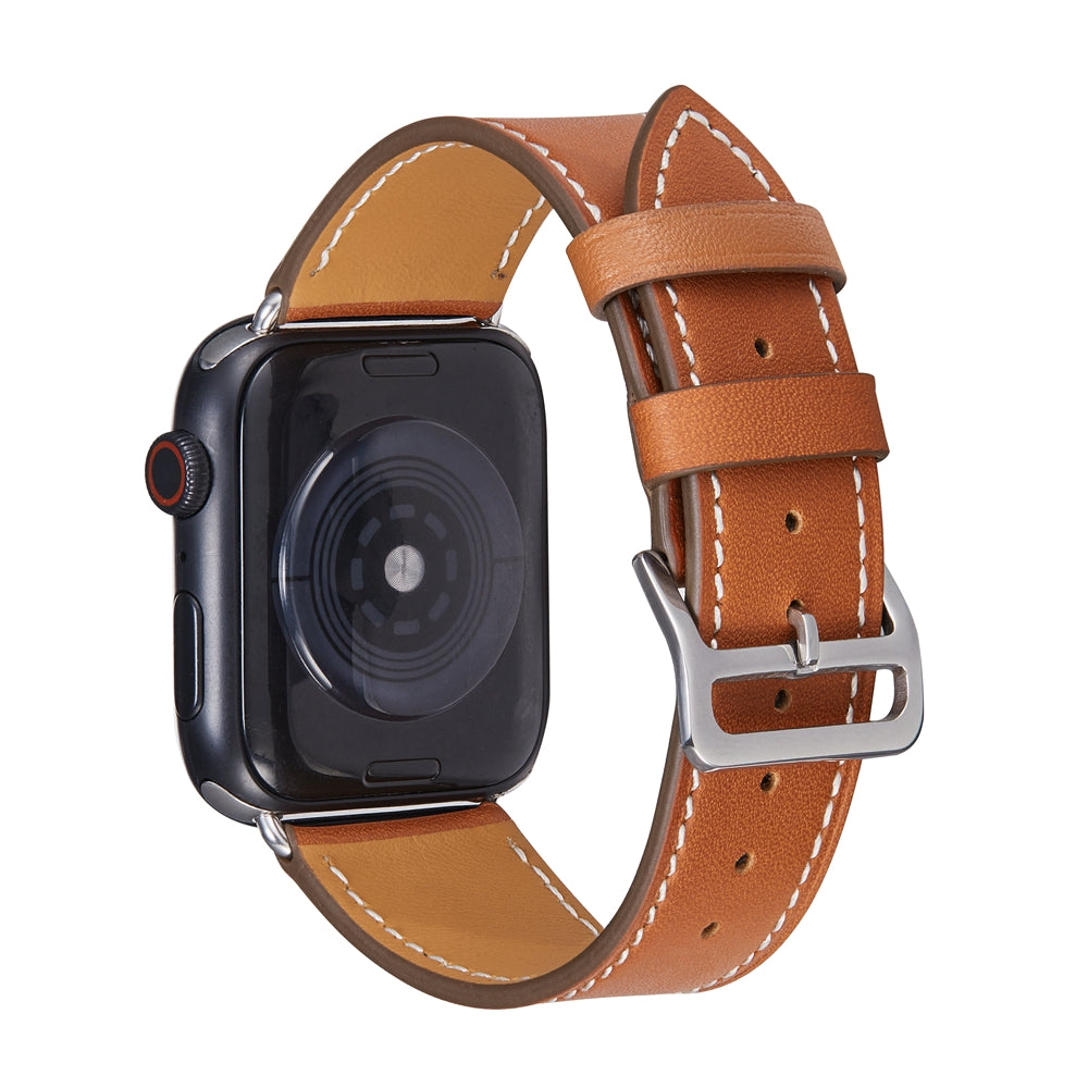 Black smartwatch with tan brown leather single tour band featuring white contrast stitching and silver buckle clasp