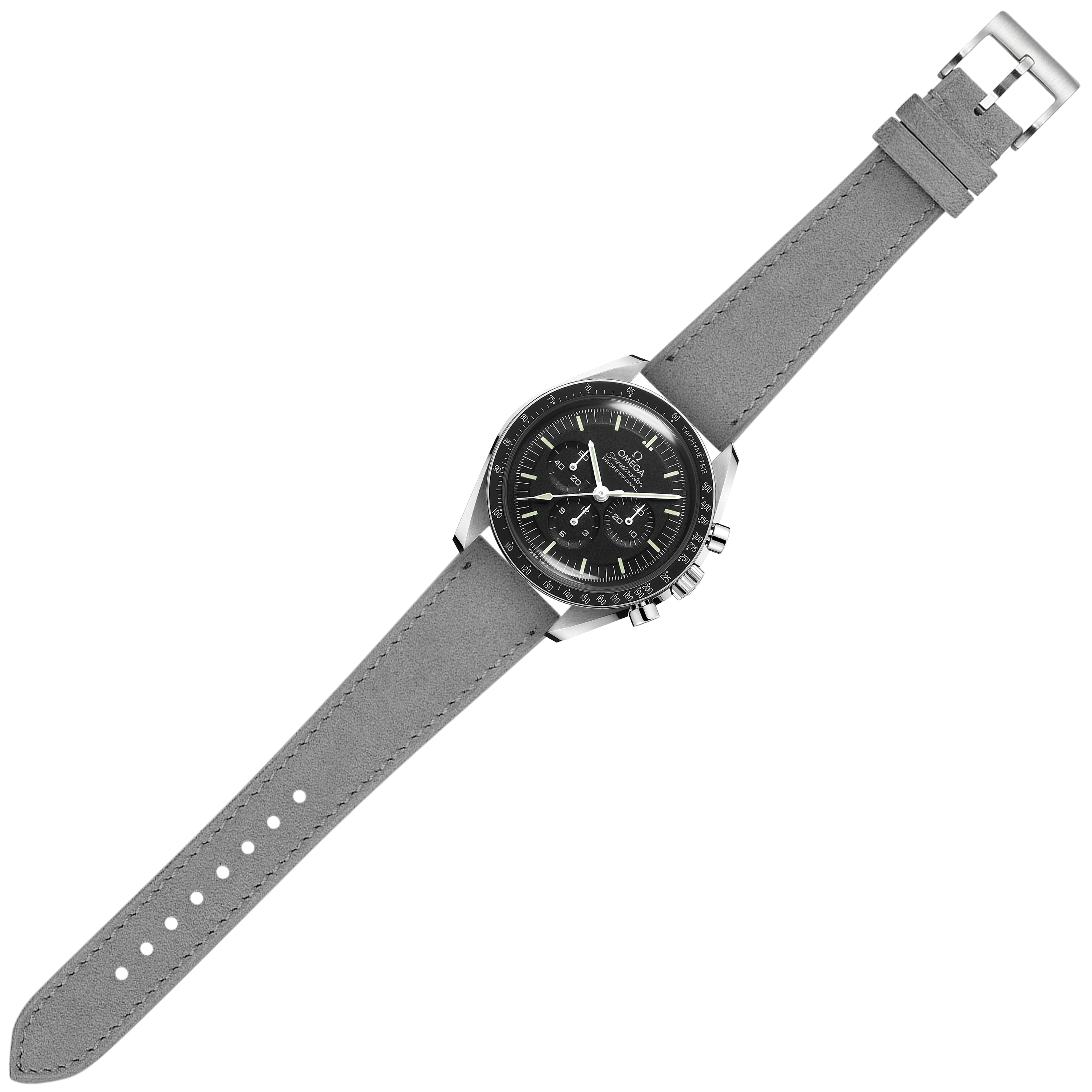 Stainless steel chronograph watch with black dial and grey Alcantara leather quick release strap