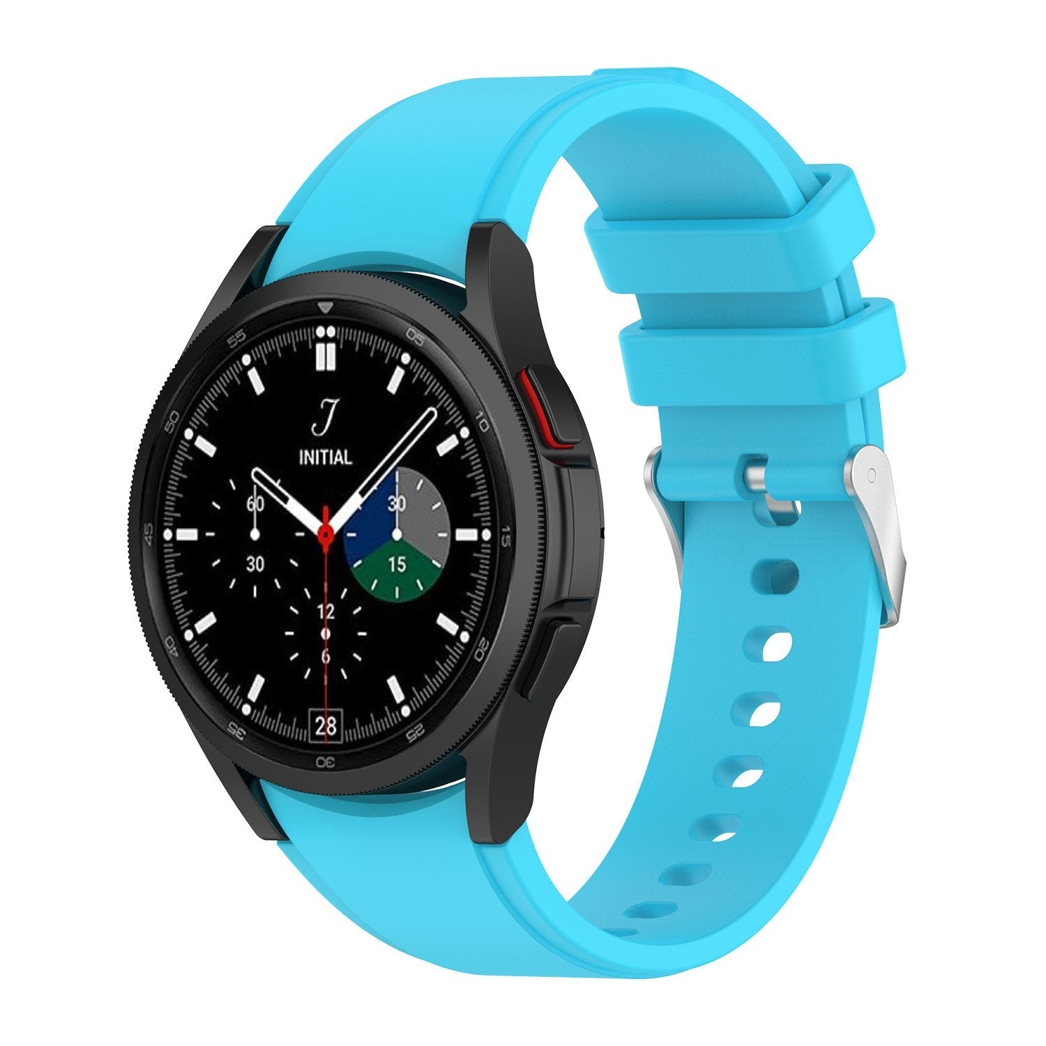 Bright blue silicone sport watch band with gapless flexi design, stainless steel buckle, displayed on black smartwatch with chronograph dial