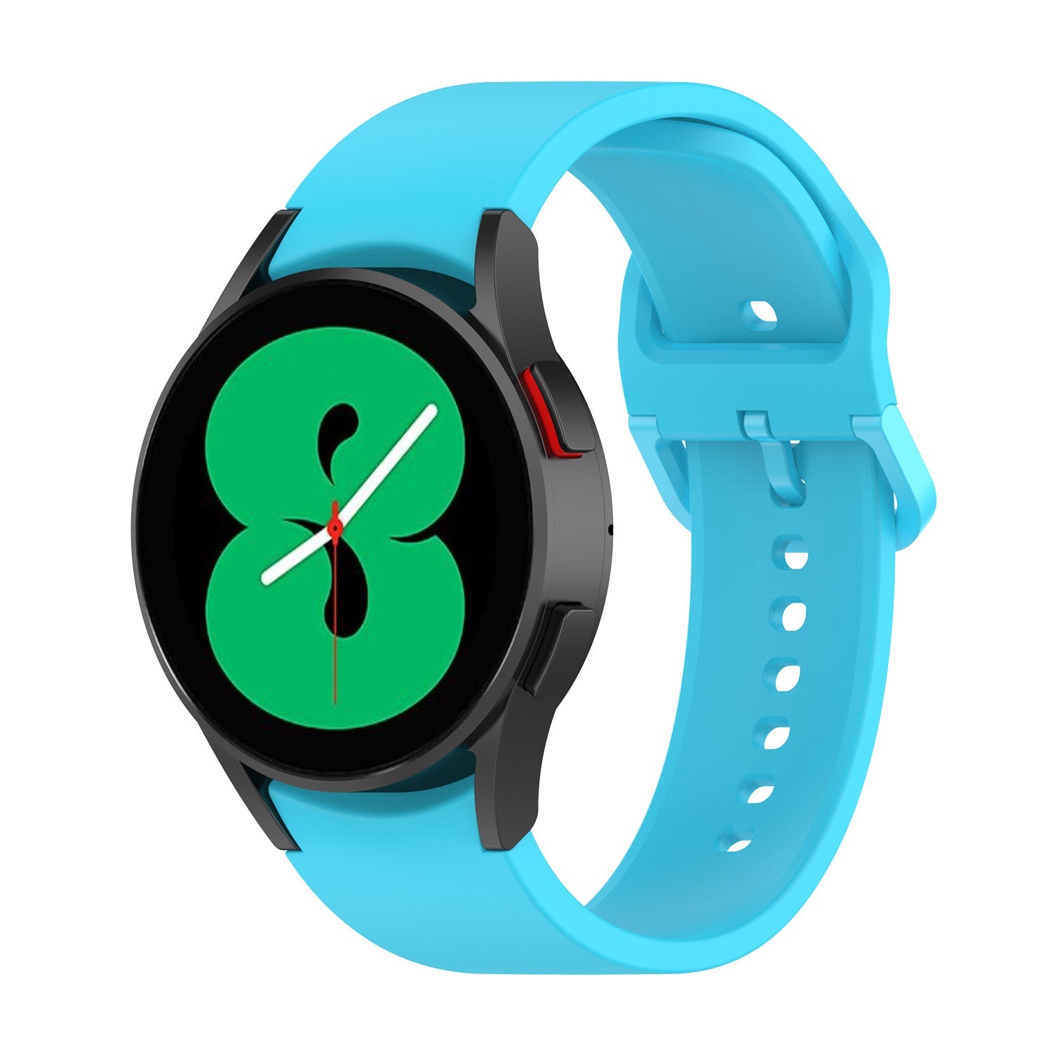 Smartwatch with bright blue silicone band, black case, and green watch face displaying time with analog hands