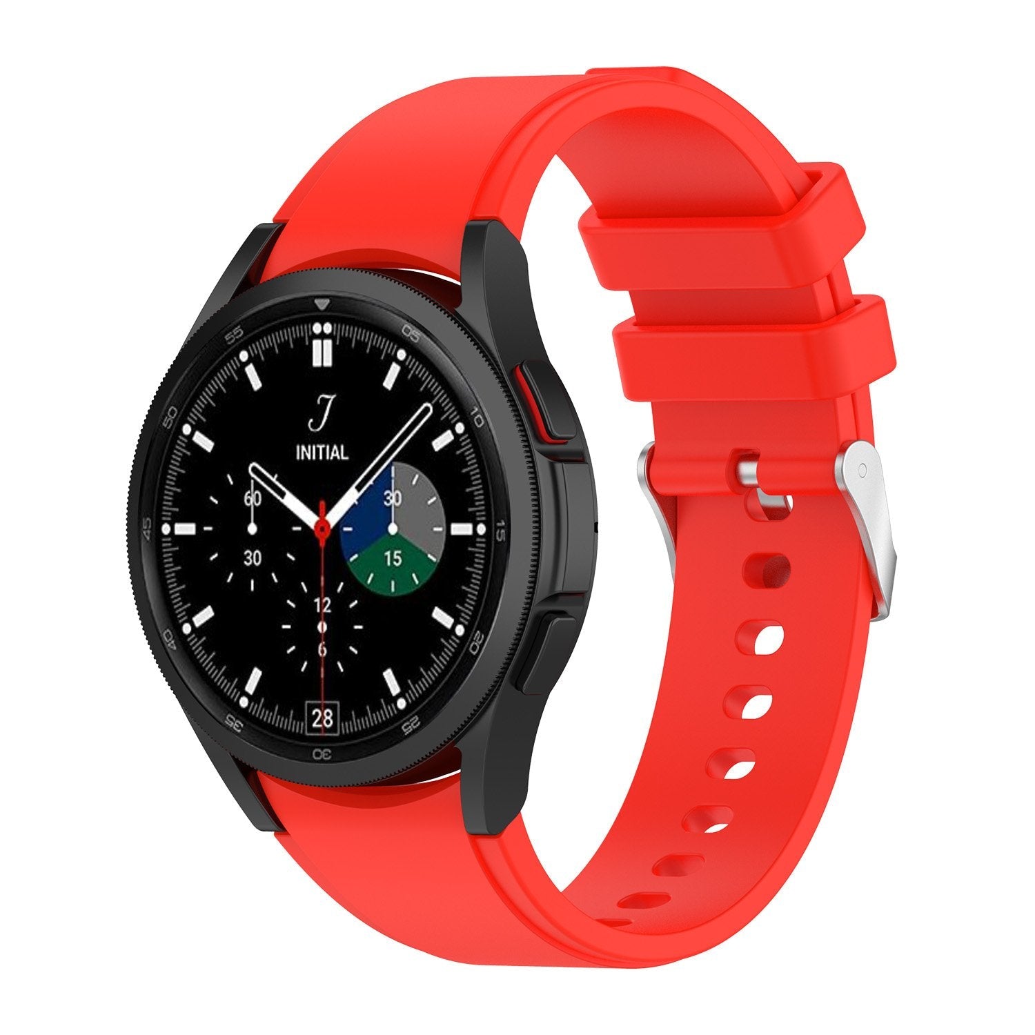 Black smartwatch with red silicone sport band, chronograph dial, and stainless steel case with date window