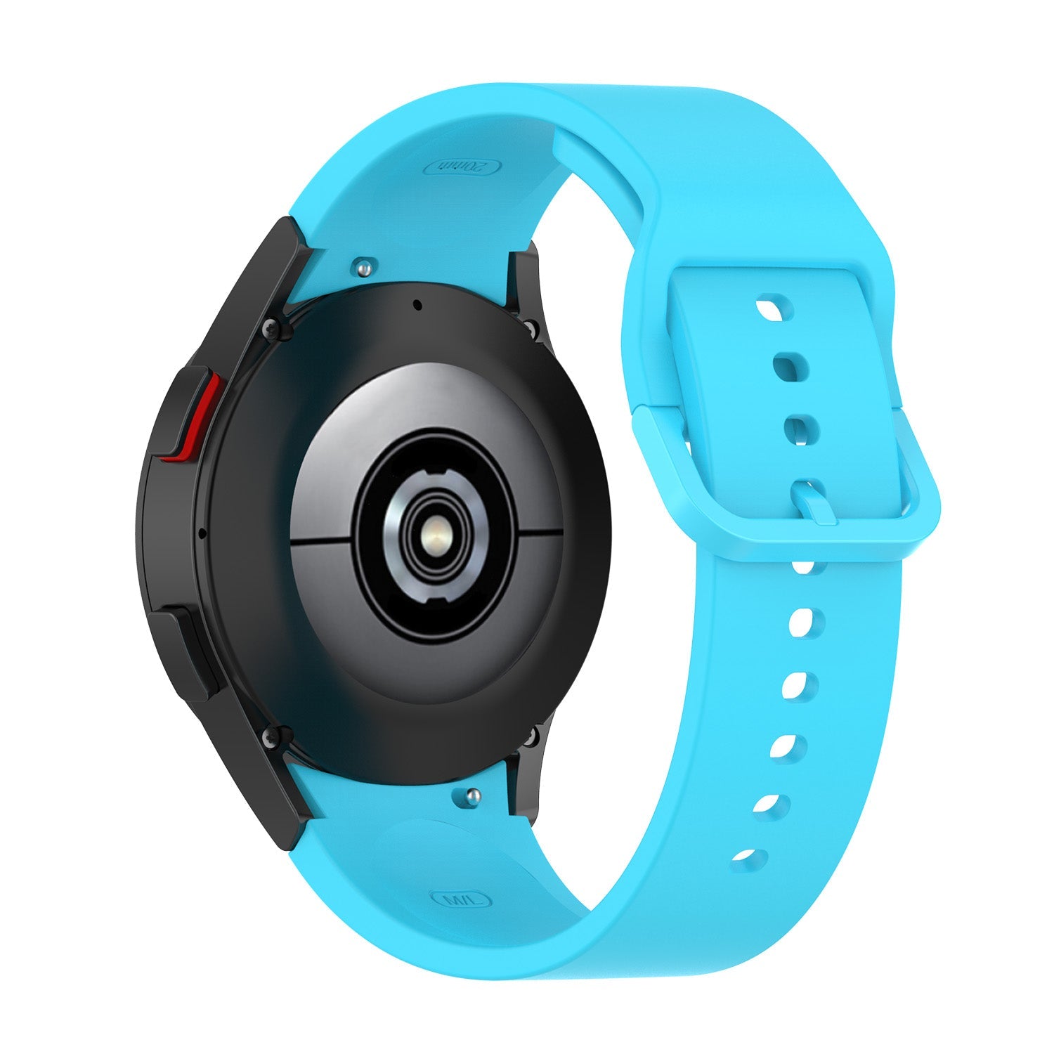 Smartwatch with bright blue silicone band, black and silver circular dial, and adjustable strap with ventilation holes