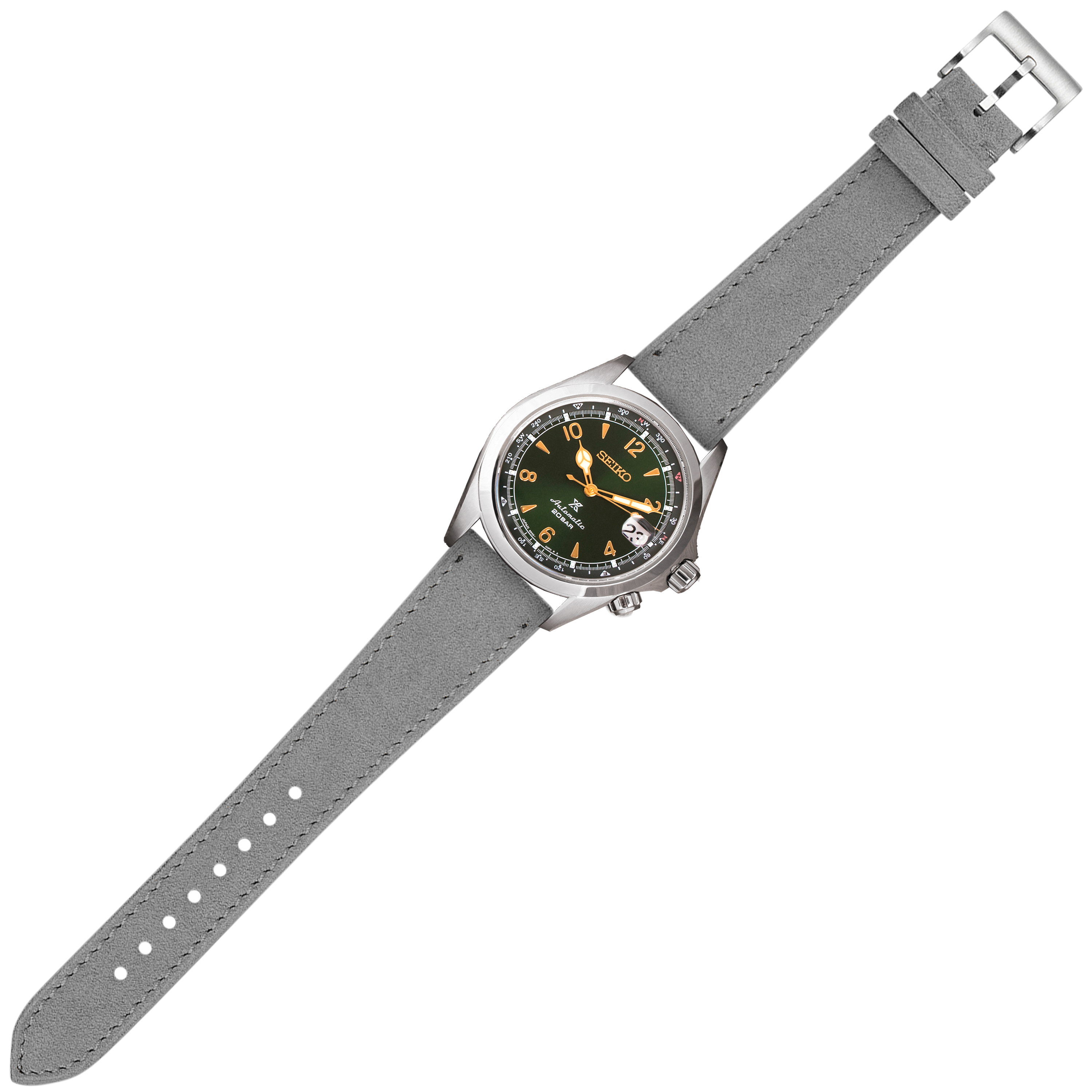 Seiko watch with green dial and gold accents on grey Alcantara leather quick release strap
