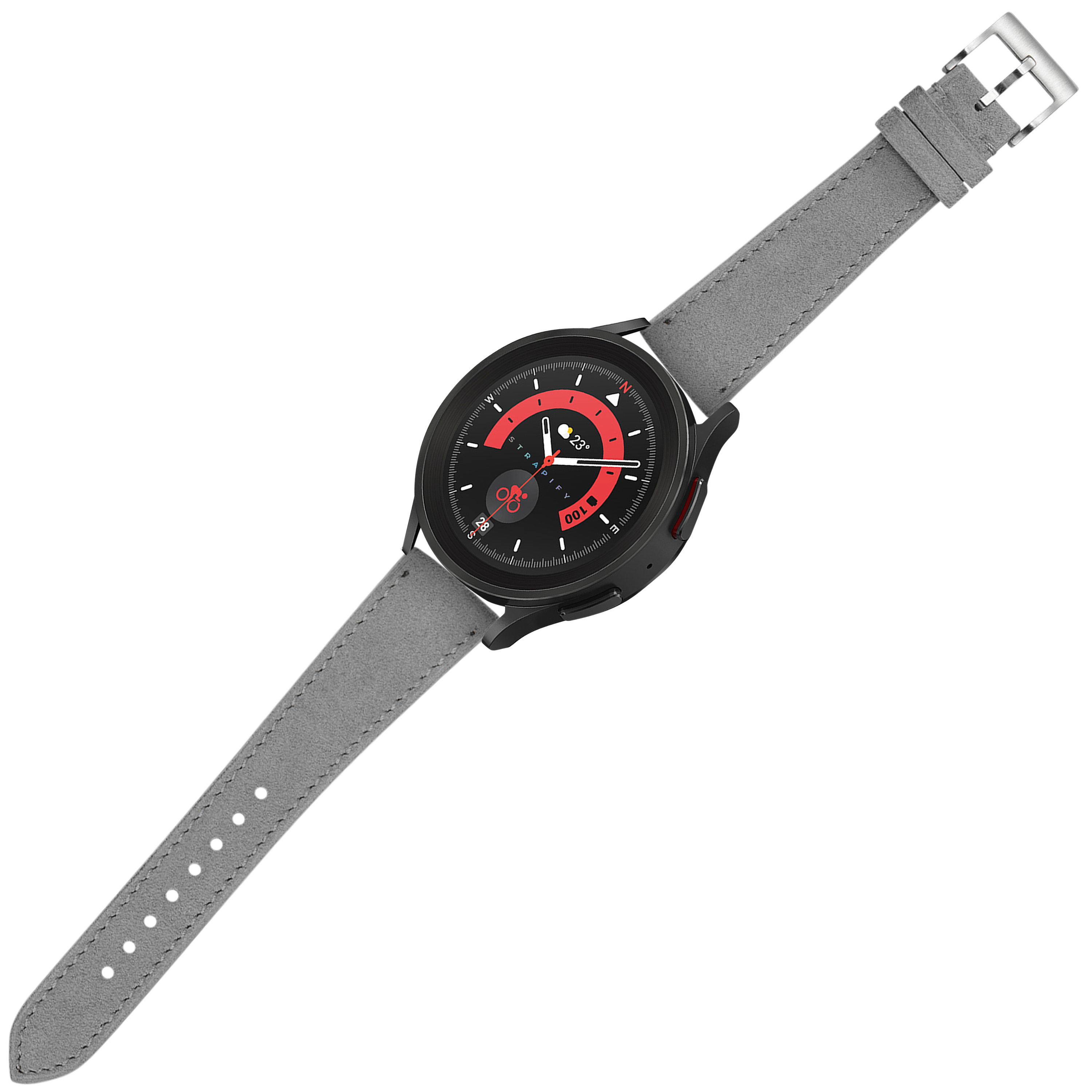 Black watch with red dial and grey suede leather quick release strap on white background