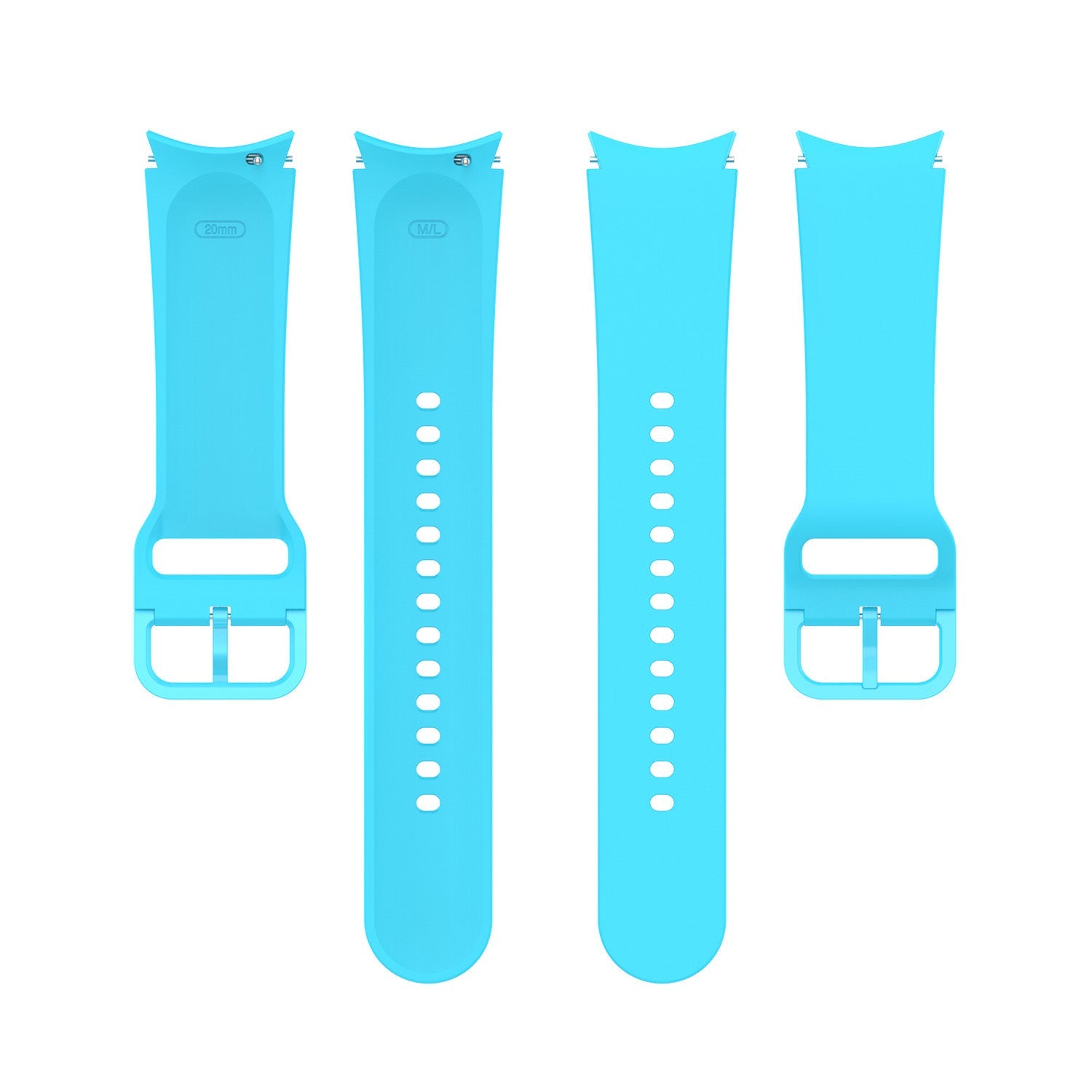 Bright turquoise silicone watch bands with gapless design for Galaxy Watch 4-7 and Vivomove HR, shown front and back views with adjustment holes