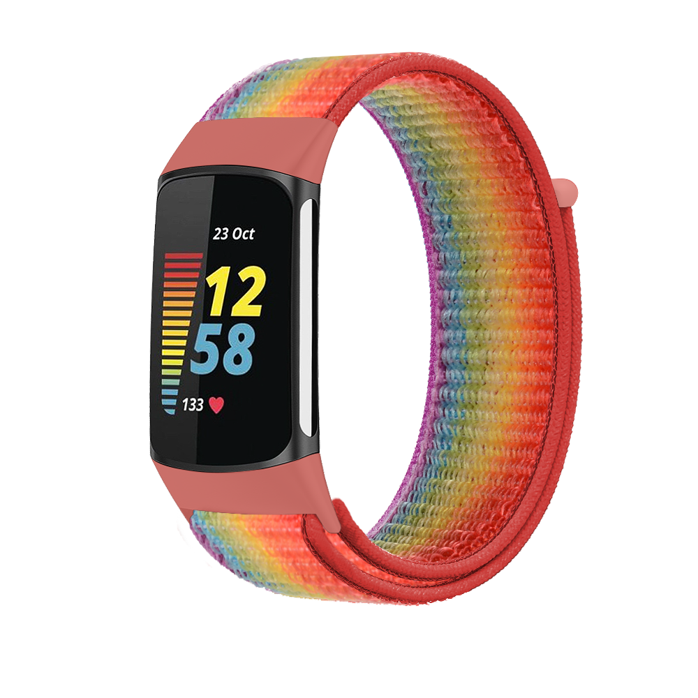 Rainbow fabric sports loop strap for Fitbit Charge 5 and 6 with velcro closure and coral connector bands