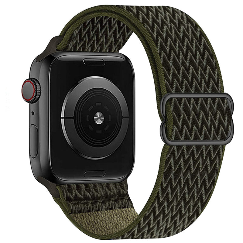 Space gray Apple Watch with olive green woven fabric loop band and red digital crown