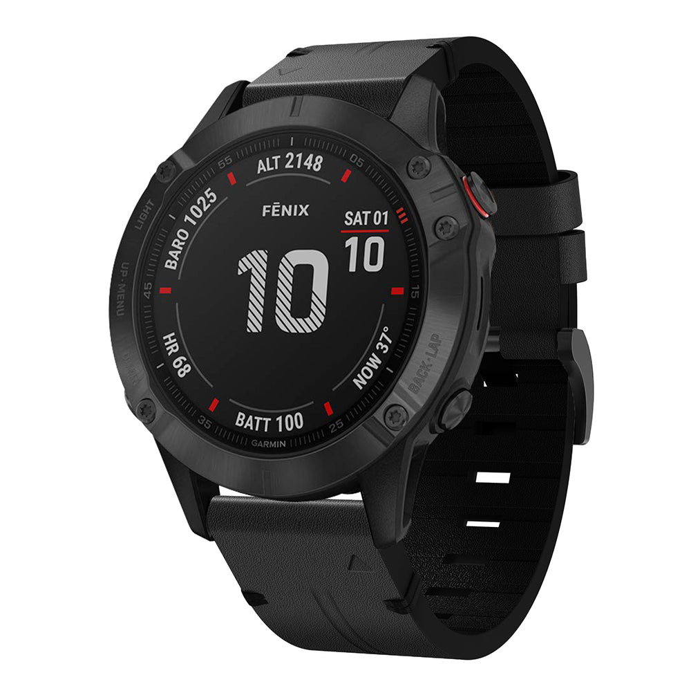 Garmin Fenix 6X Pro black smartwatch with QuickFit leather band displaying date and altitude metrics