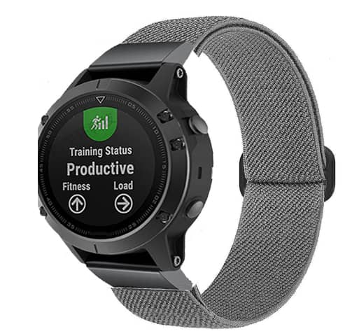 Black sports smartwatch with gray woven elastic band showing training status and fitness metrics on display
