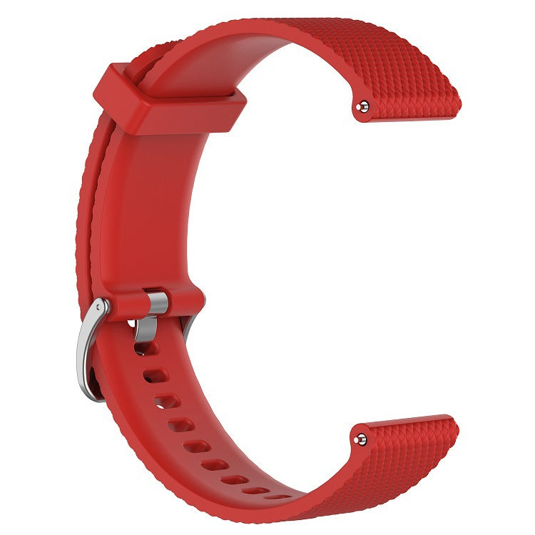 Red silicone quick release smartwatch band with textured grip and metal clasp hardware