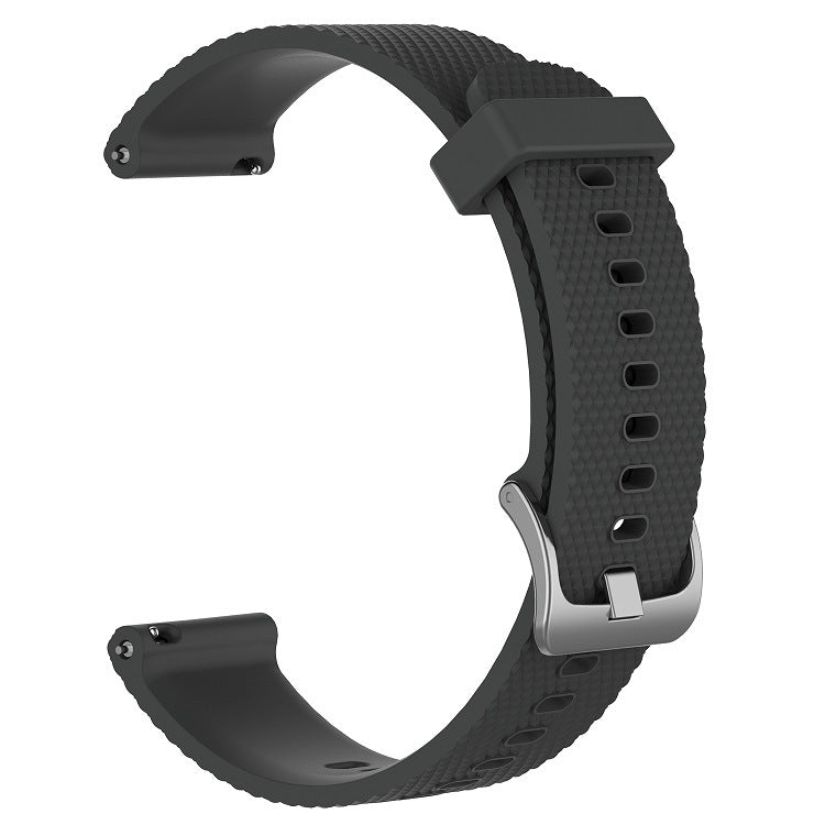 Black silicone quick release smartwatch band with textured grip and silver buckle clasp