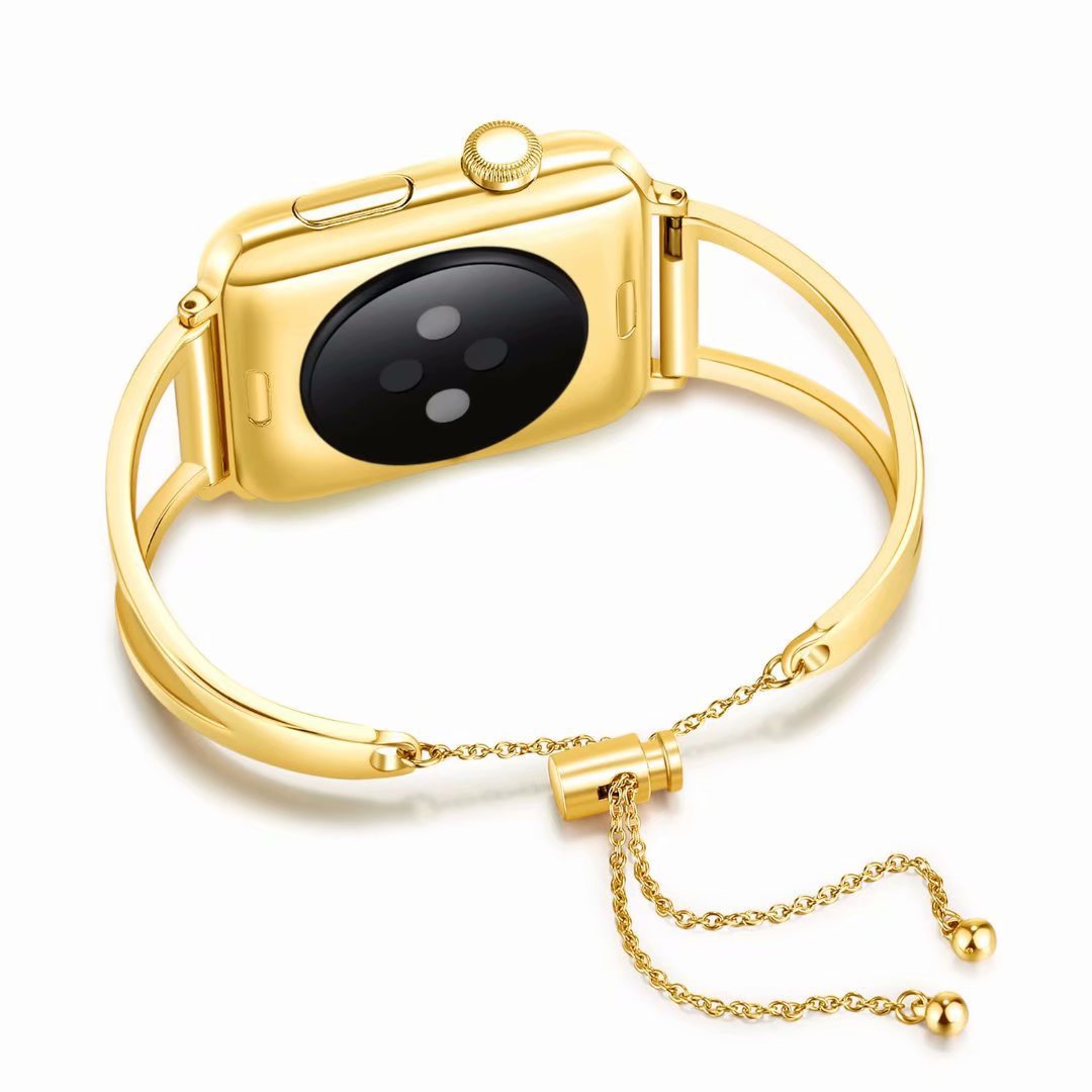 Gold plated smartwatch bracelet with oval black digital display and adjustable chain links with hanging beads