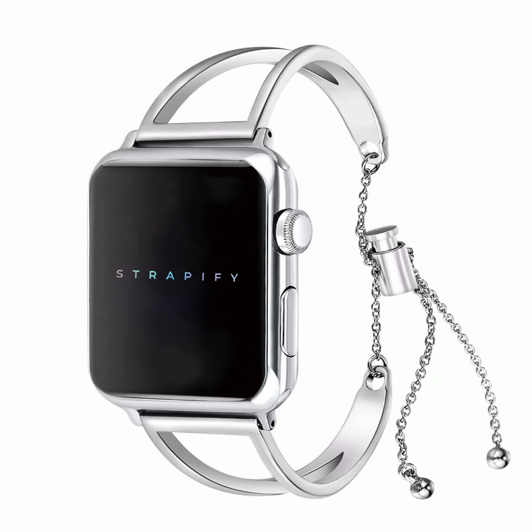 Silver stainless steel smartwatch bracelet with chain charms and adjustable bangle design for Apple Watch