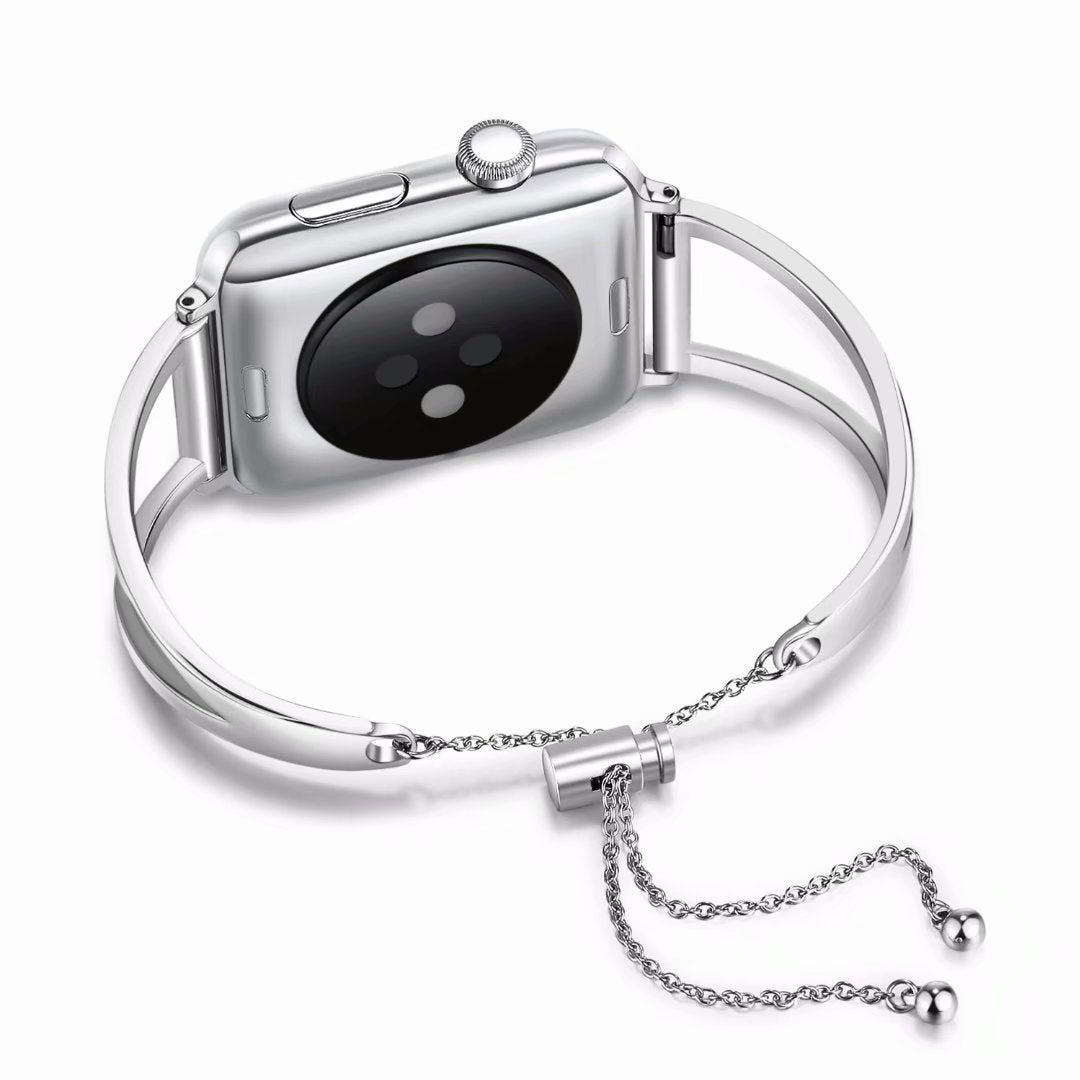 Silver stainless steel smart watch with polished rectangular case, black digital display, and matching silver chain bracelet with dangling charms