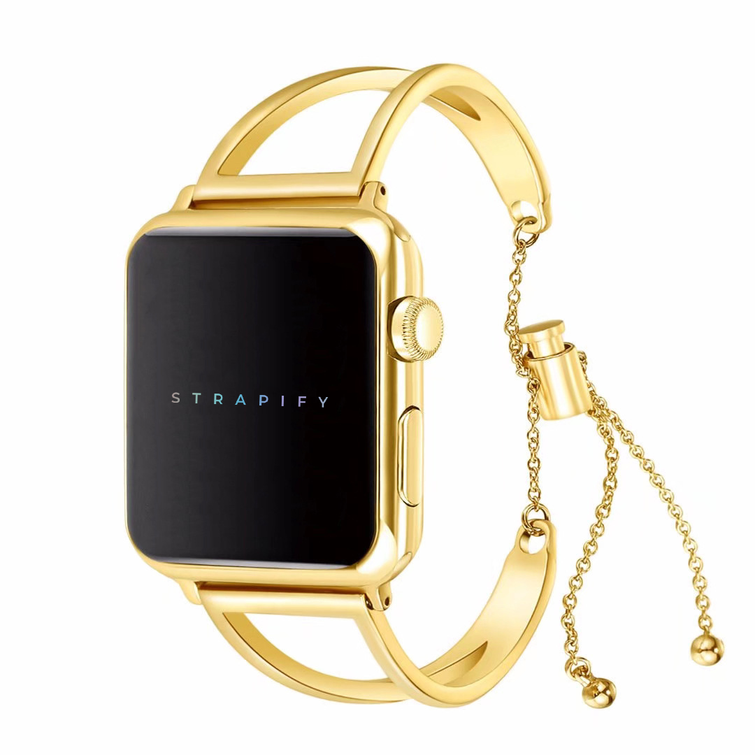 Gold stainless steel Apple Watch with matching gold bangle bracelet featuring chain design and decorative charms
