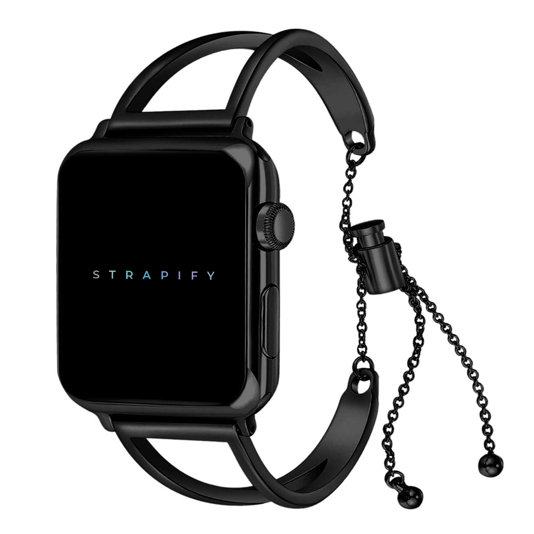 Black stainless steel Apple Watch band with decorative chain charms and adjustable bracelet strap