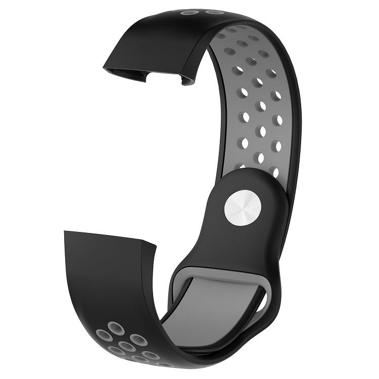 Black and gray perforated silicone sport band for Fitbit Charge 3 and 4 with ventilation holes and secure closure