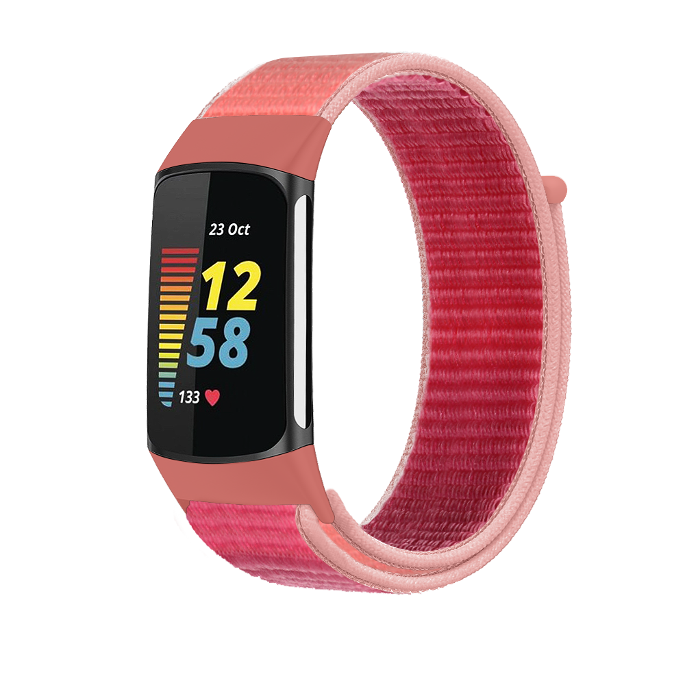 Pink fabric sports loop velcro band for Fitbit Charge 5 and Charge 6 fitness trackers with breathable woven material