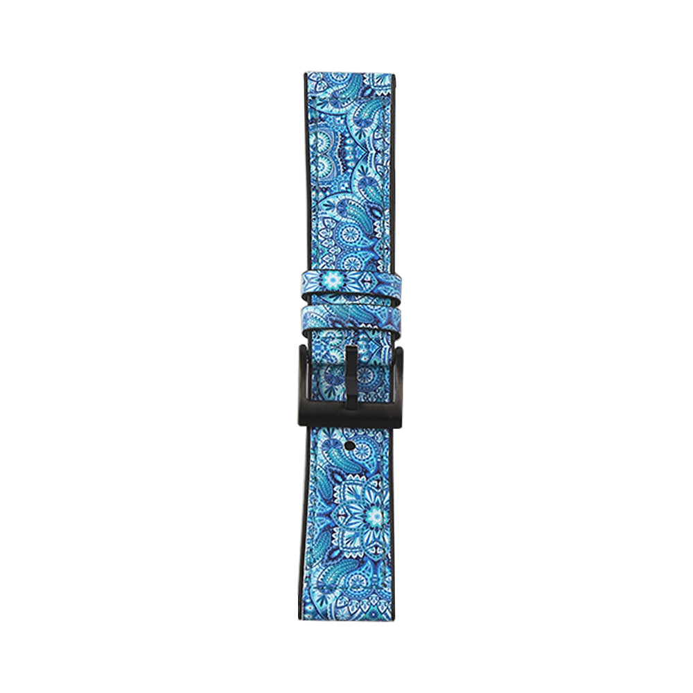 Blue paisley leather hybrid smartwatch band with black silicone back and turquoise buckle for Apple Watch