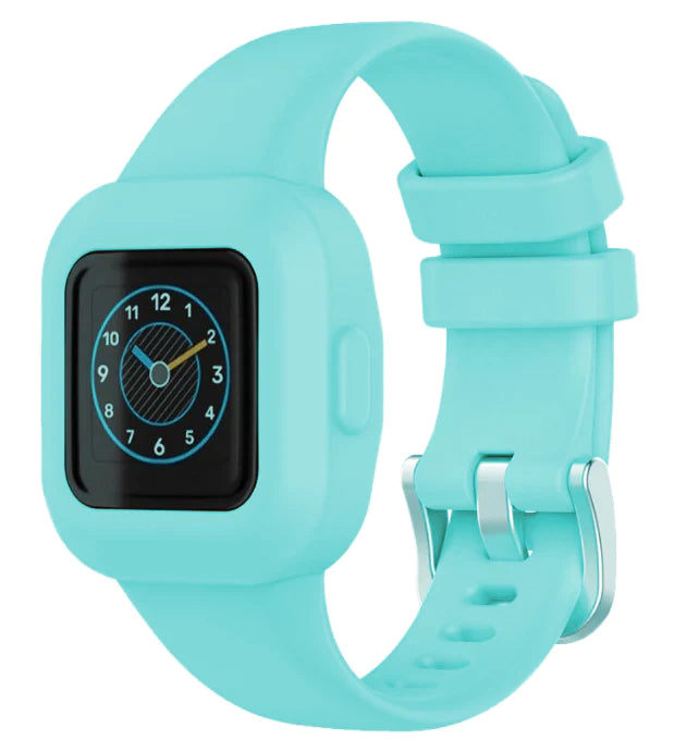 Turquoise silicone smartwatch band for kids with digital clock display and adjustable strap with metal buckle