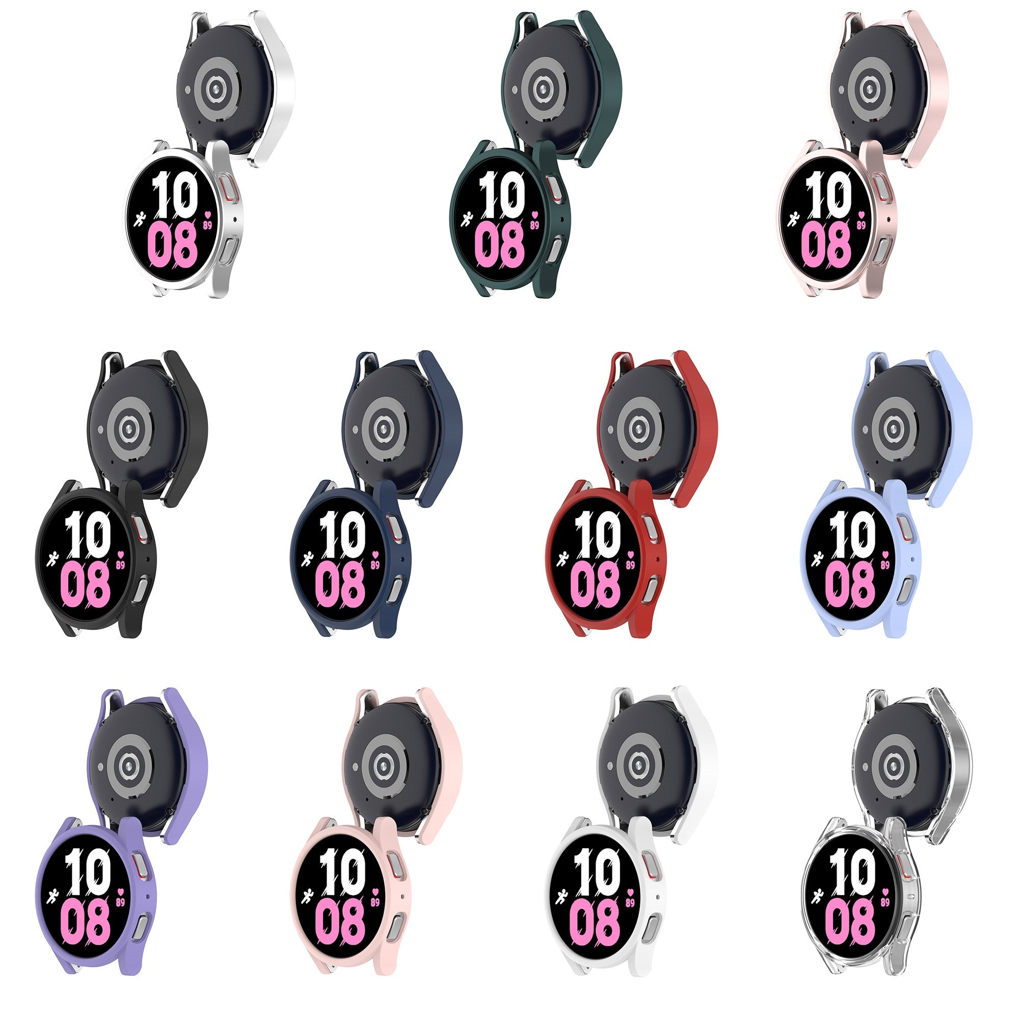 Galaxy Watch 4 and 5 protective cases in 12 colors including white, green, pink, black, navy, red, lavender and gray