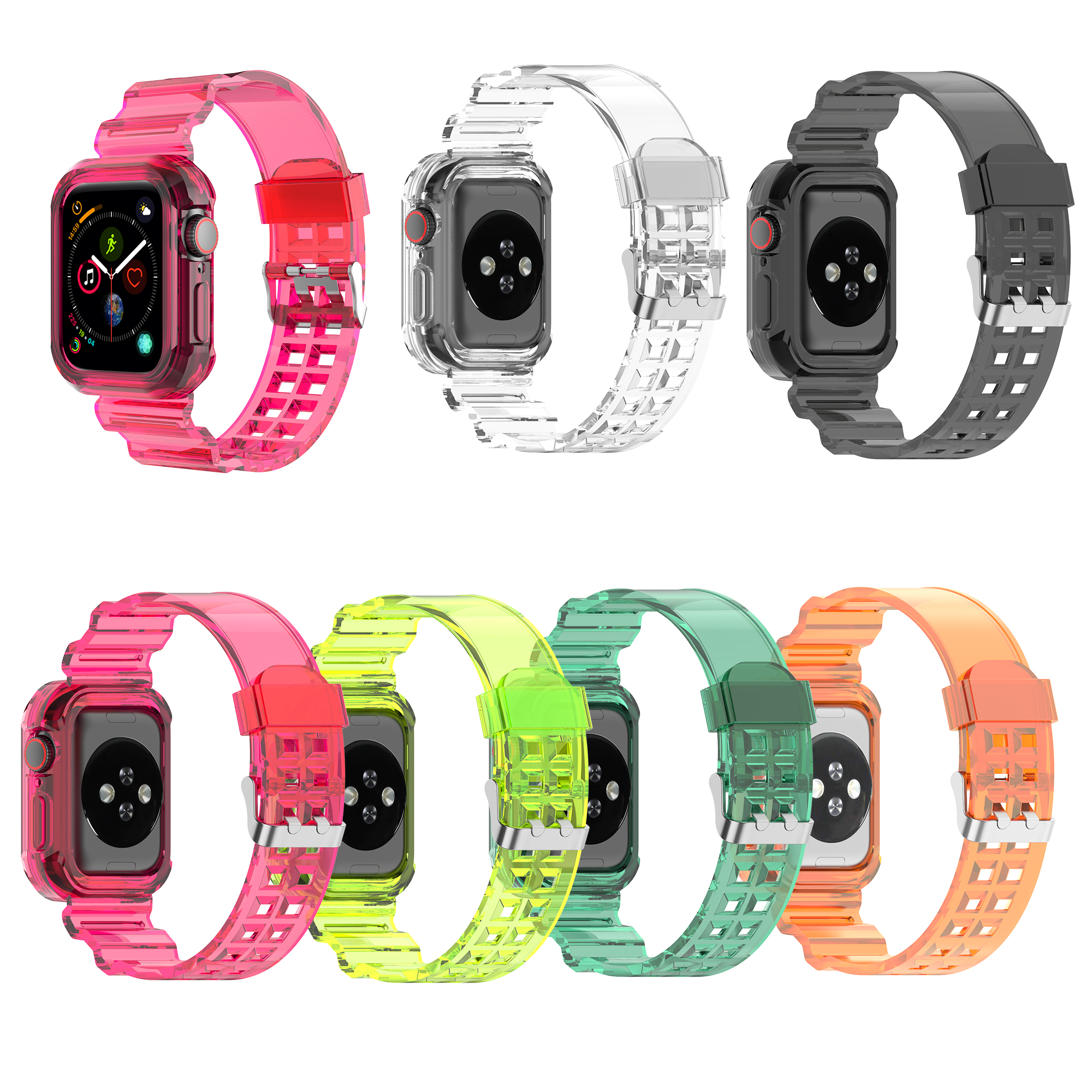 Colorful transparent Apple Watch cases and bands in pink, clear, black, neon yellow, mint green and orange with matching straps