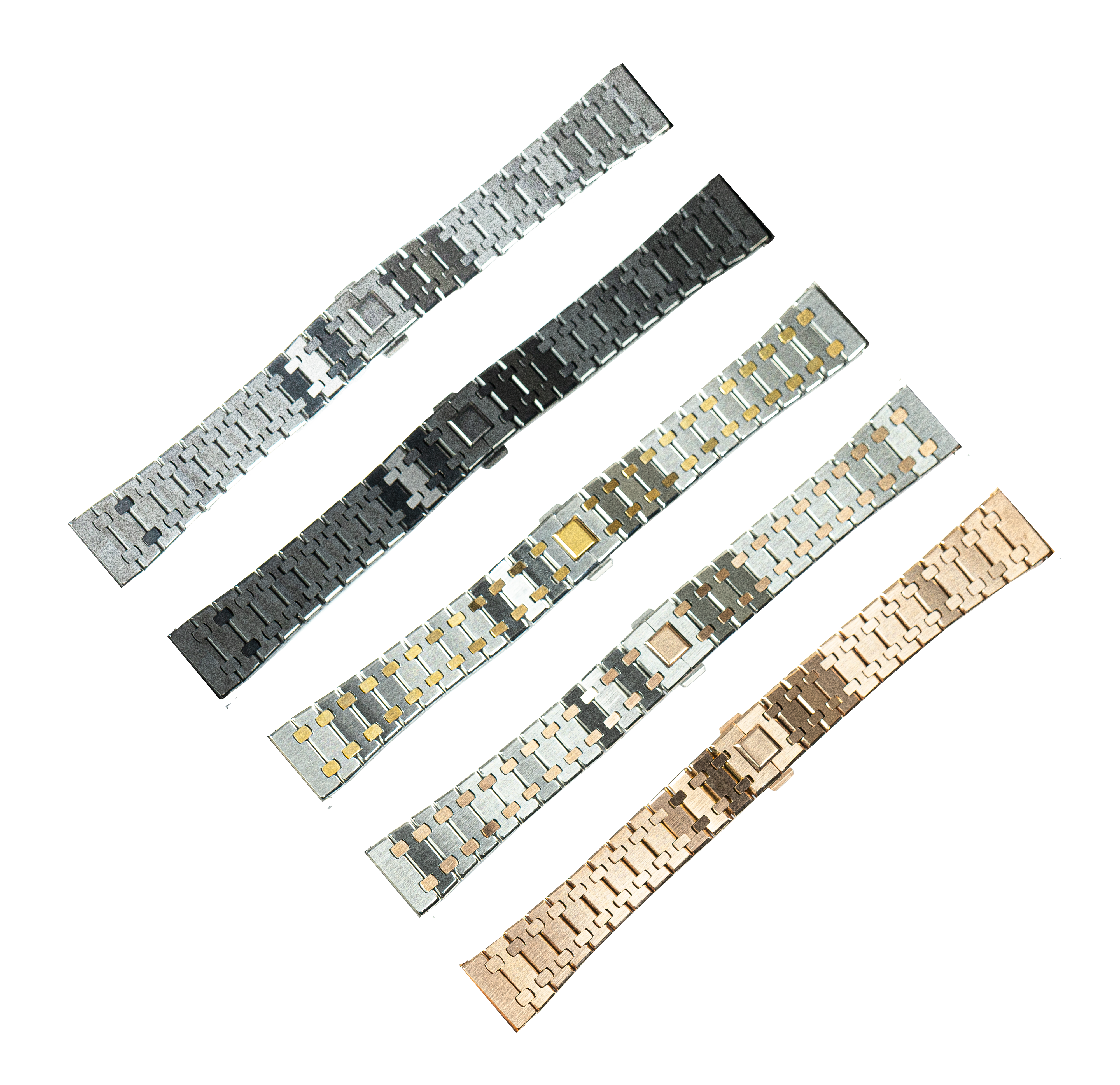 Metal watch bands in silver, black, two-tone, and rose gold with quick release mechanism and solid link bracelets