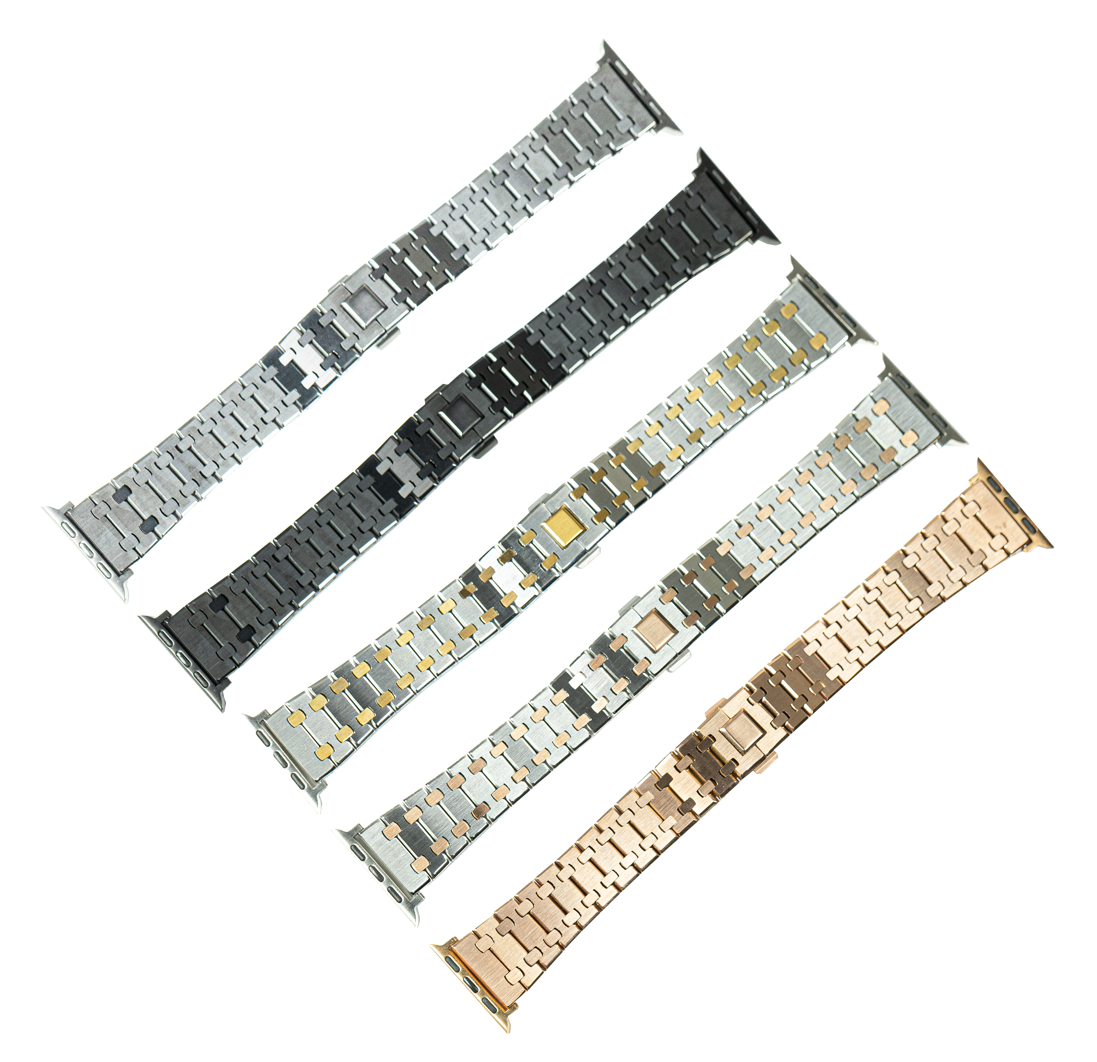 Metal smartwatch bands in multiple finishes including silver, black, two-tone, and rose gold with secure connectors