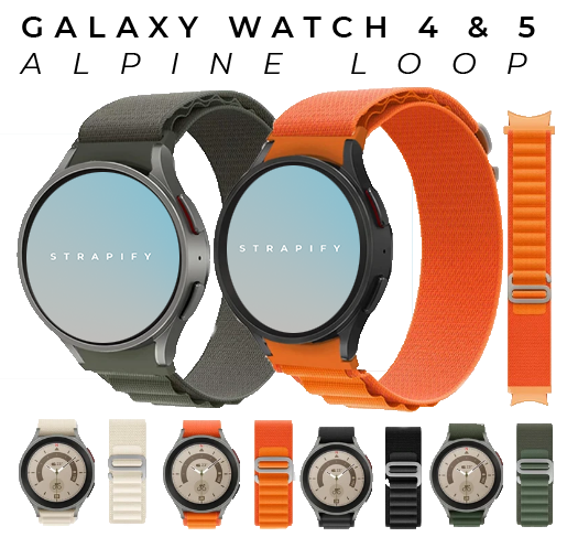 Galaxy Watch 4 and 5 with alpine loop straps in olive, orange and black with interchangeable band options displayed