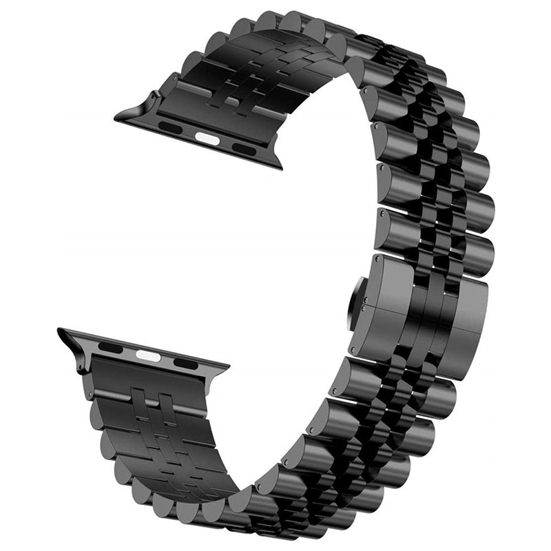 Black stainless steel jubilee bracelet band for Apple Watch with three-link design and secure clasp connector